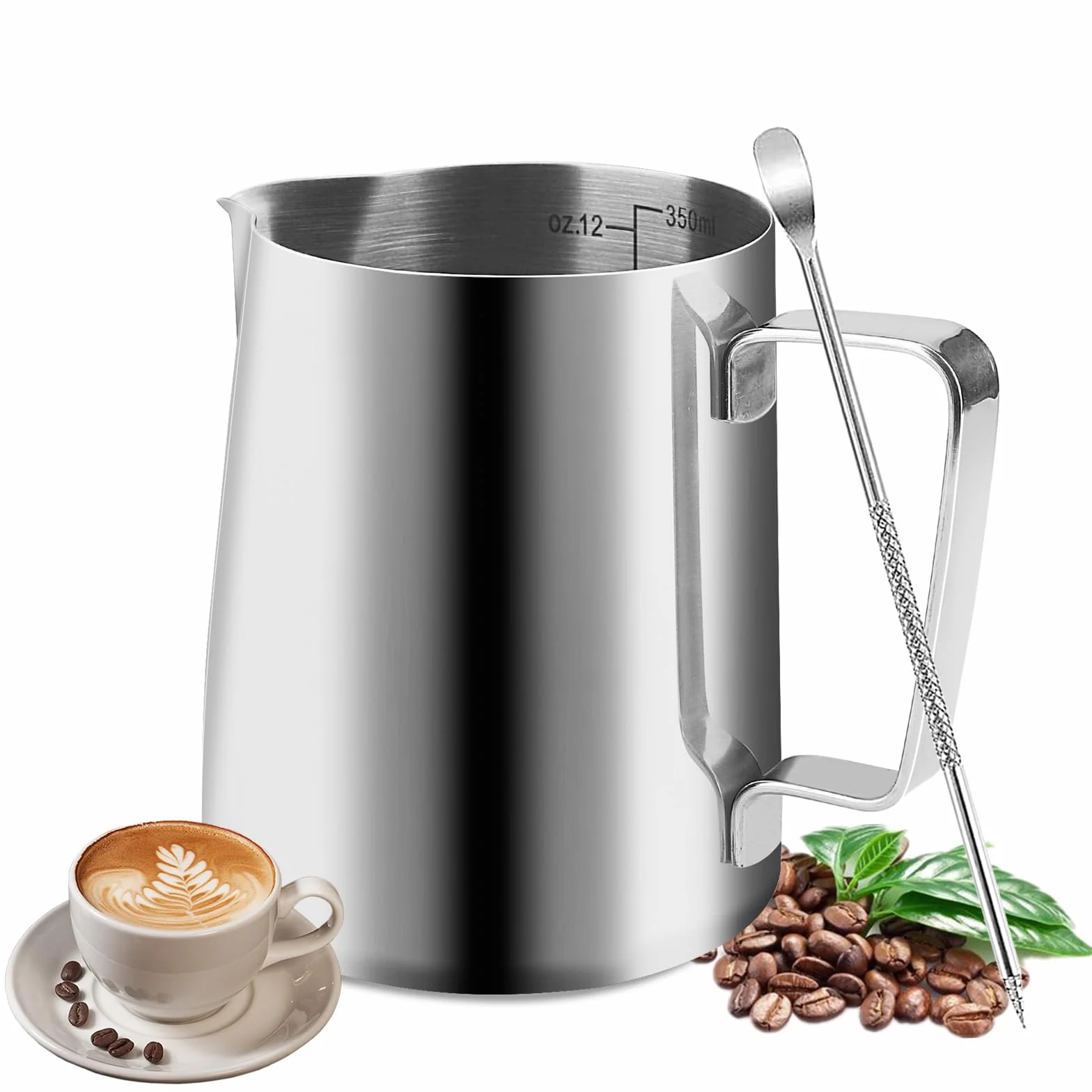 Jarra Leche Barista 350ml Acero Inoxidable Escala, Aguja Latte Art, Para Espuma Cappuccino Espresso (Plateado)