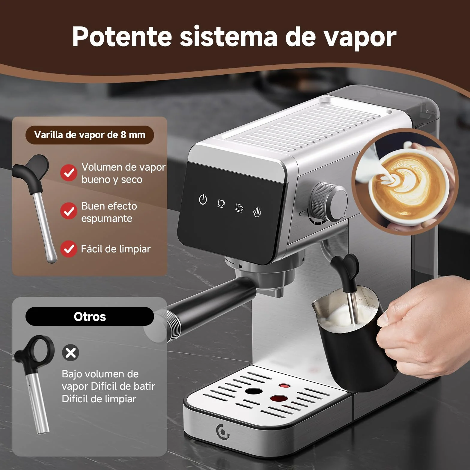 AMZCHEF Cafetera Espresso 20 Bares con Espumador de Leche, 1350W de Acero Inoxidable con Pantalla LED y Depósito Extraíble de 1,2 L, Diseño Compacto para el Hogar