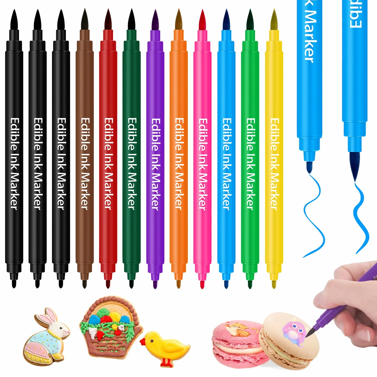 Rotuladores Comestibles Muyohix 12 Colores Punta Fina y Gruesa para Decorar Fondant, Macarons, Chocolate Blanco