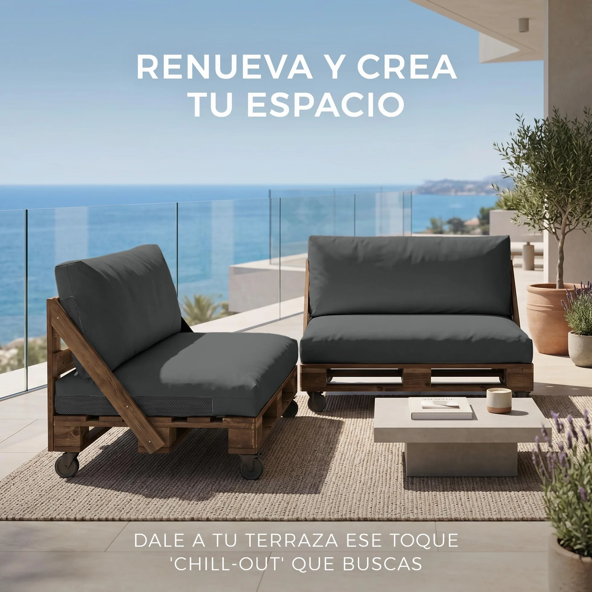 HAPPERS Cojines para Palets 80x80x20cm Gris Naylim Mate Relleno Foam-EPS-Plus Antimanchas Transpirables Desenfundables Lavables AquOut
