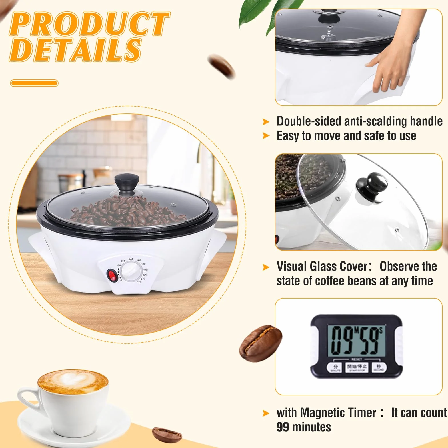 Tostador de Café 500g 0-240℃ 1200W con Temporizador