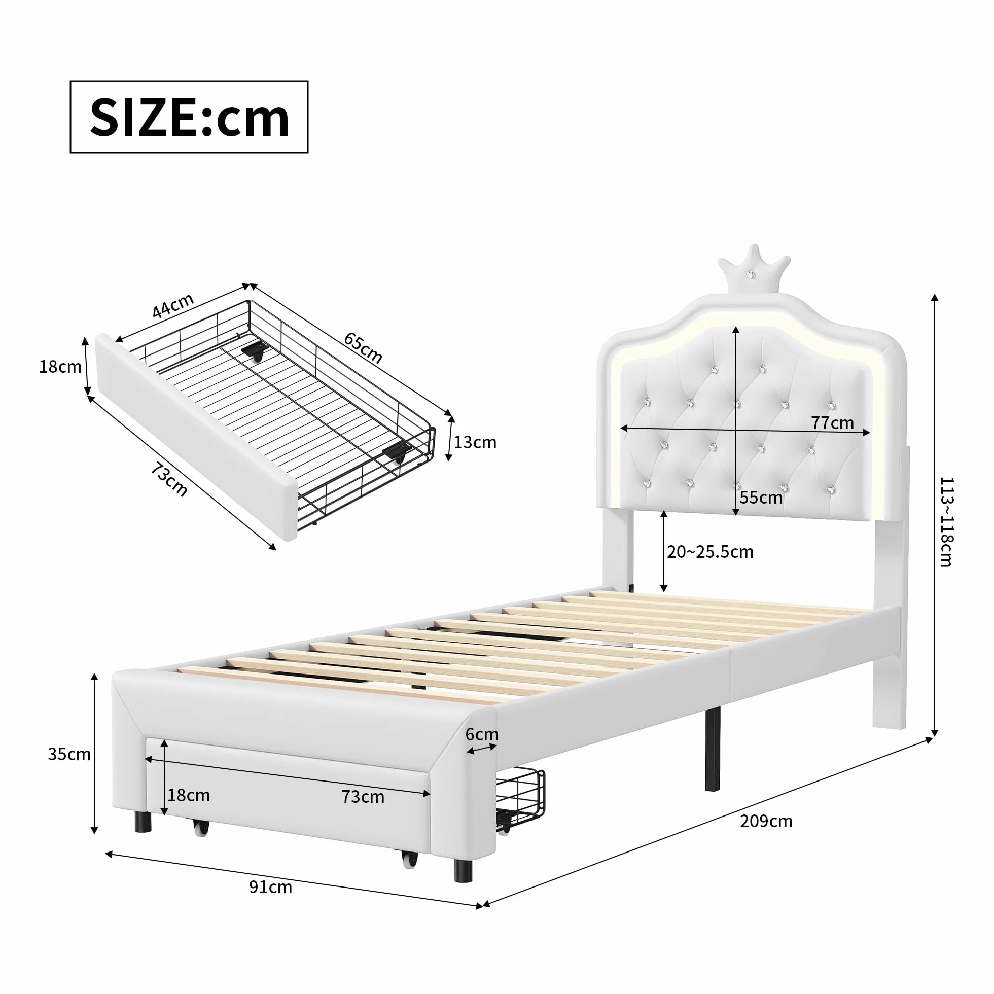 Cama Infantil 90x200 cm, Cama de Princesa con cabecero LED Corona, Camas Individuales Acolchadas con Somier de Láminas, Estructura de Cama para Niña con cajón, Camas de 1 Plaza para Niña