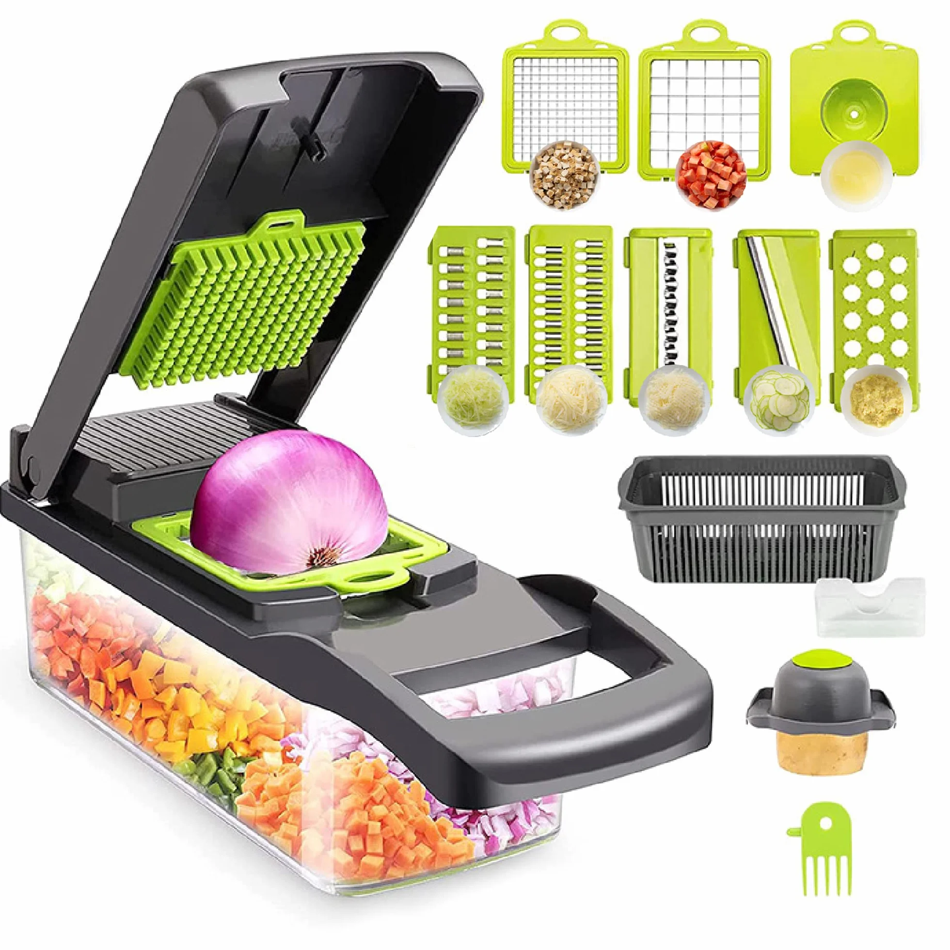 Cortador de verdura Manual, Mandolina de Cocina Multifuncional 13 en 1-2 Cuchillas, 7 Rebanadoras Rallador, Separador de Huevo y Escurridor, Cuchillas Acero Inoxidable