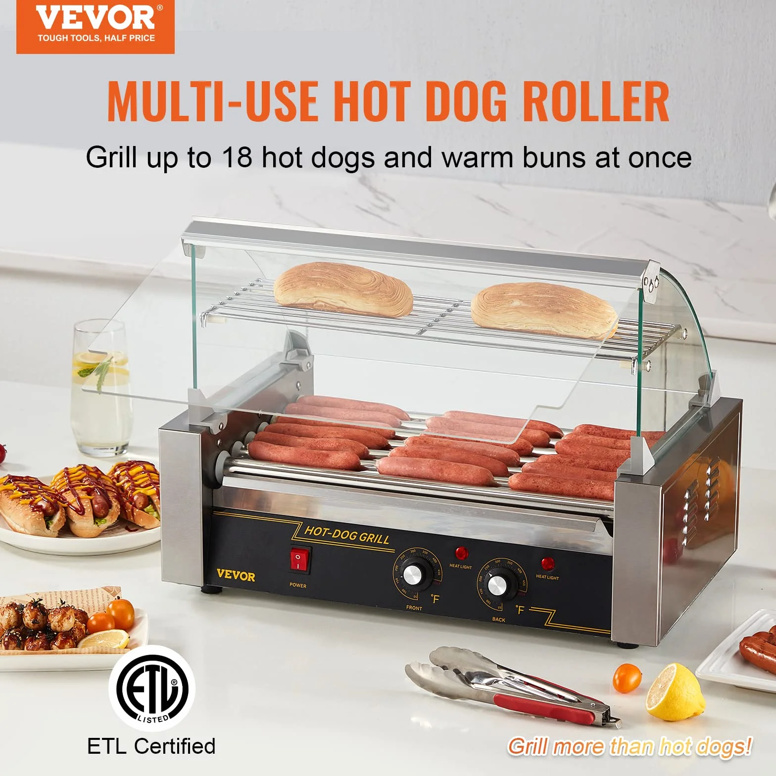 VEVOR Máquina de Rodillos para Perros Calientes 55,5x32,5x41 cm Acero Inoxidable 50-250°C 1,4 kW