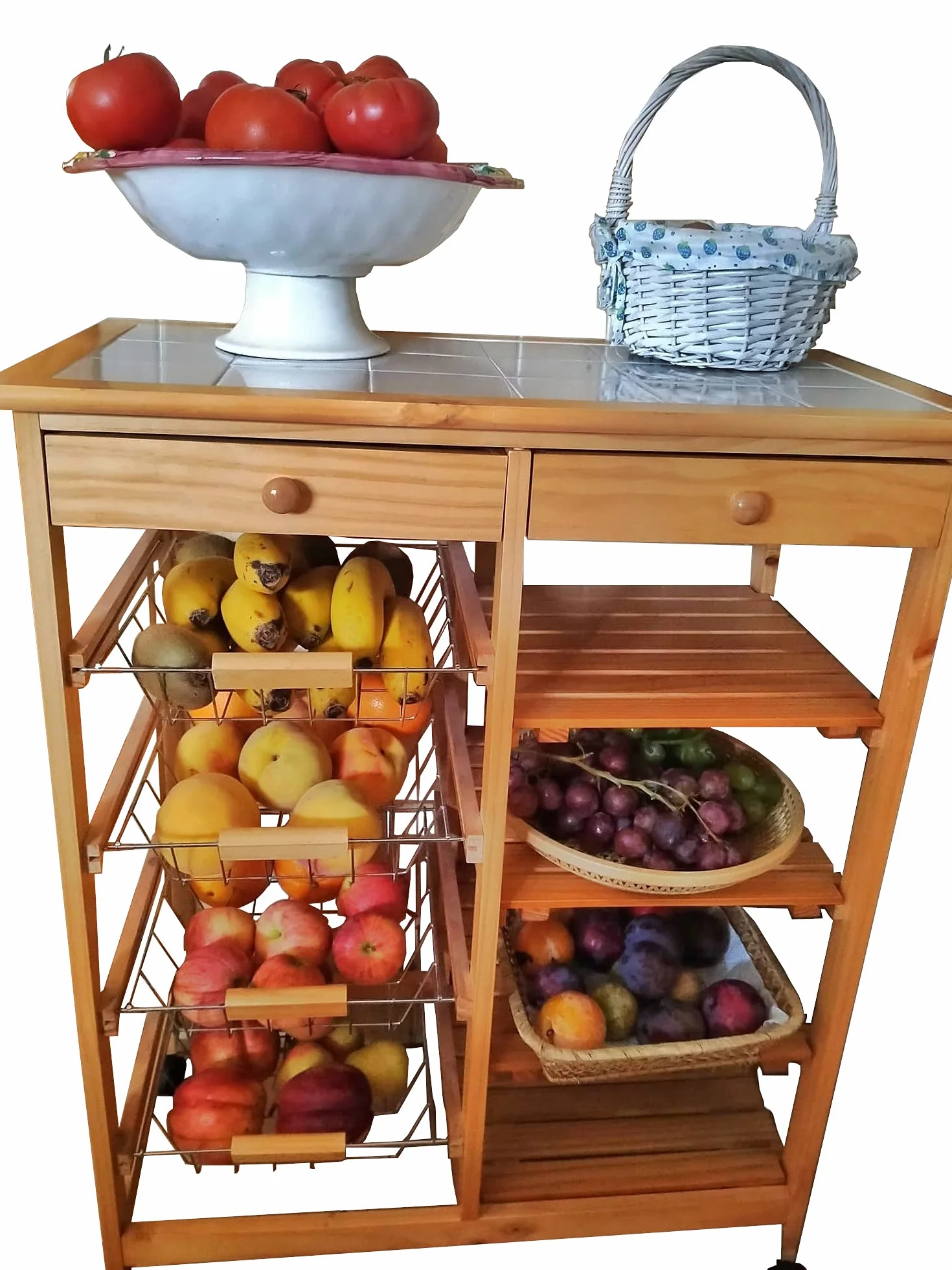 Verdulero frutero Doble, Carrito de Cocina 4 cestas 4 baldas y 2 cajones 85cm Alto x 67cm Ancho x 37cm Fondo Color Miel