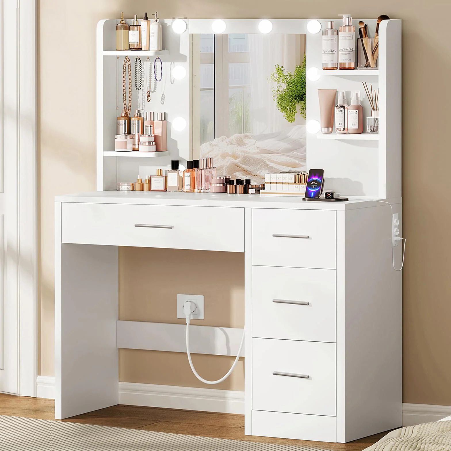 Mesa de Maquillaje con Luces y Espejo, Tocador Blanco con 4 Cajones y Estantes