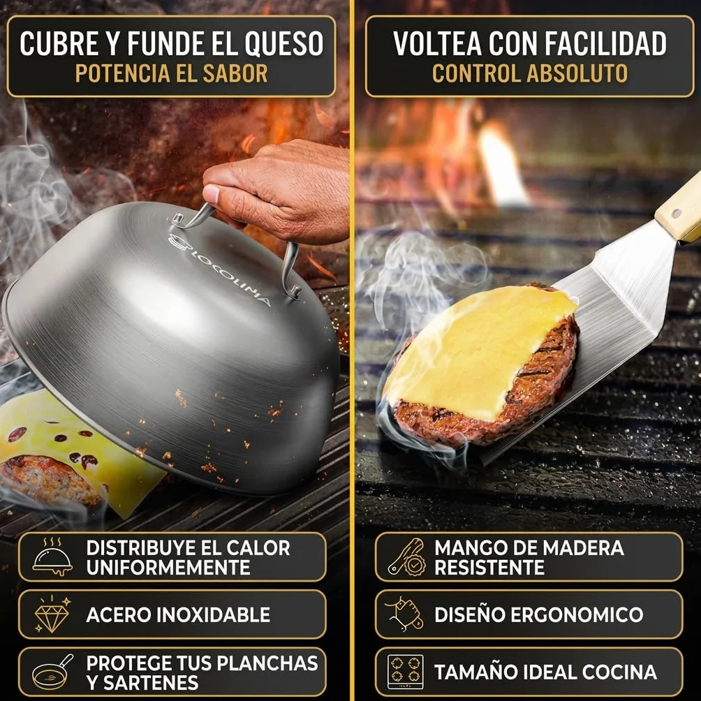 Smash Burger Kit 5 Piezas Prensa Hamburguesas Acero Inoxidable Espátula Campana Fundir