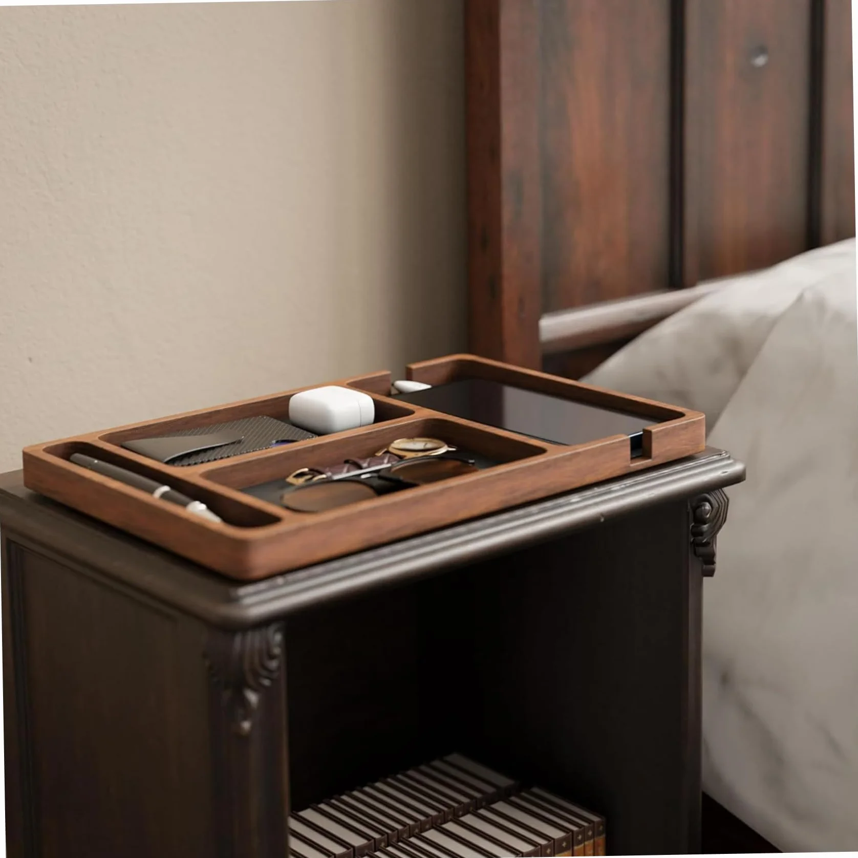 Coge Todas Las bandejas, Bandeja de Valet de Madera con Incrustaciones de Cuero, Organizador de Nocturno de Compartimento 12x8 para Hombres Mujeres, captando Todo Bandeja para Llaves, teléfono, bille