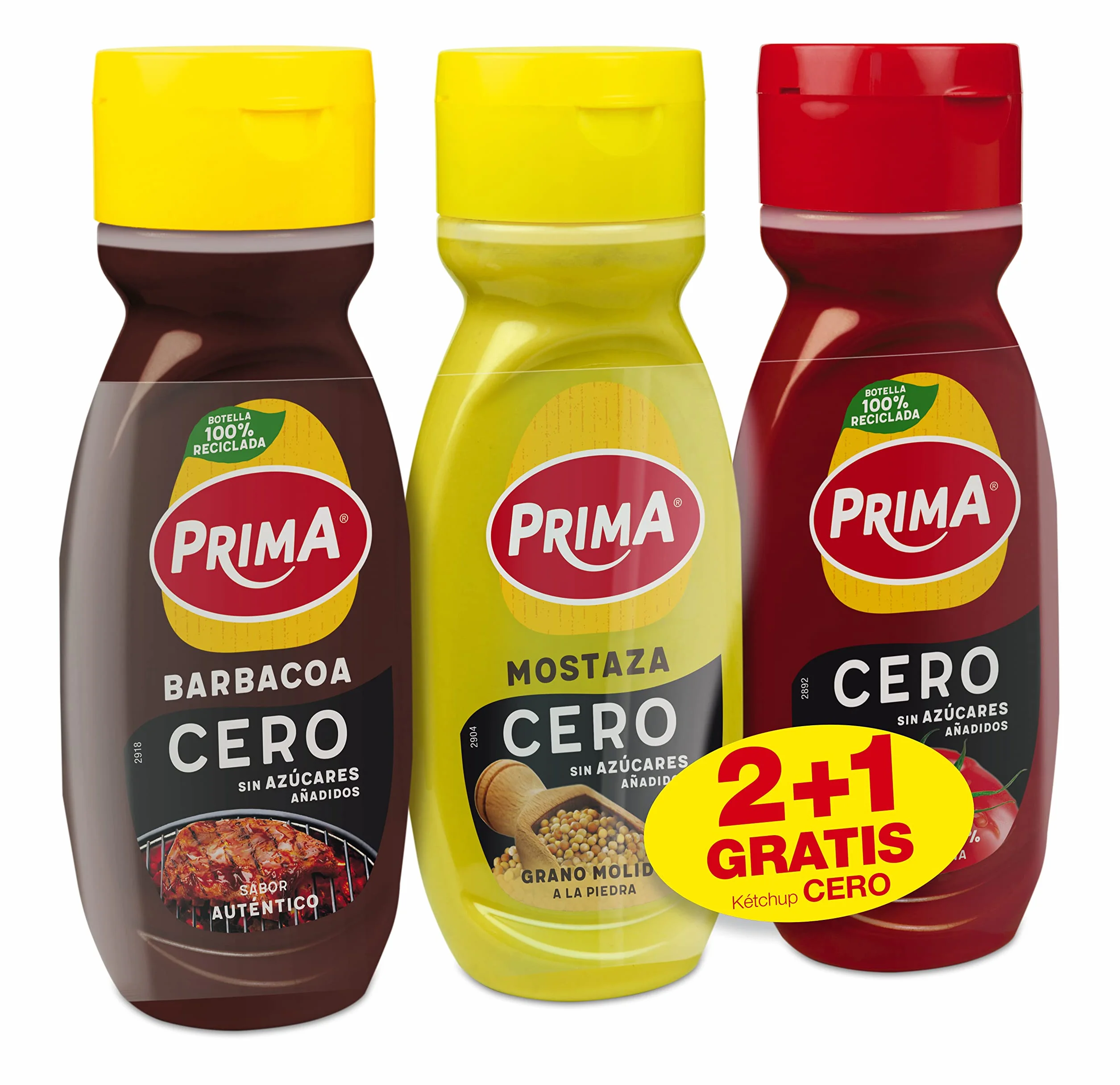 Prima Salsas Cero sin azúcares añadidos 265g BBQ Mostaza Kétchup Pack ahorro 2+1