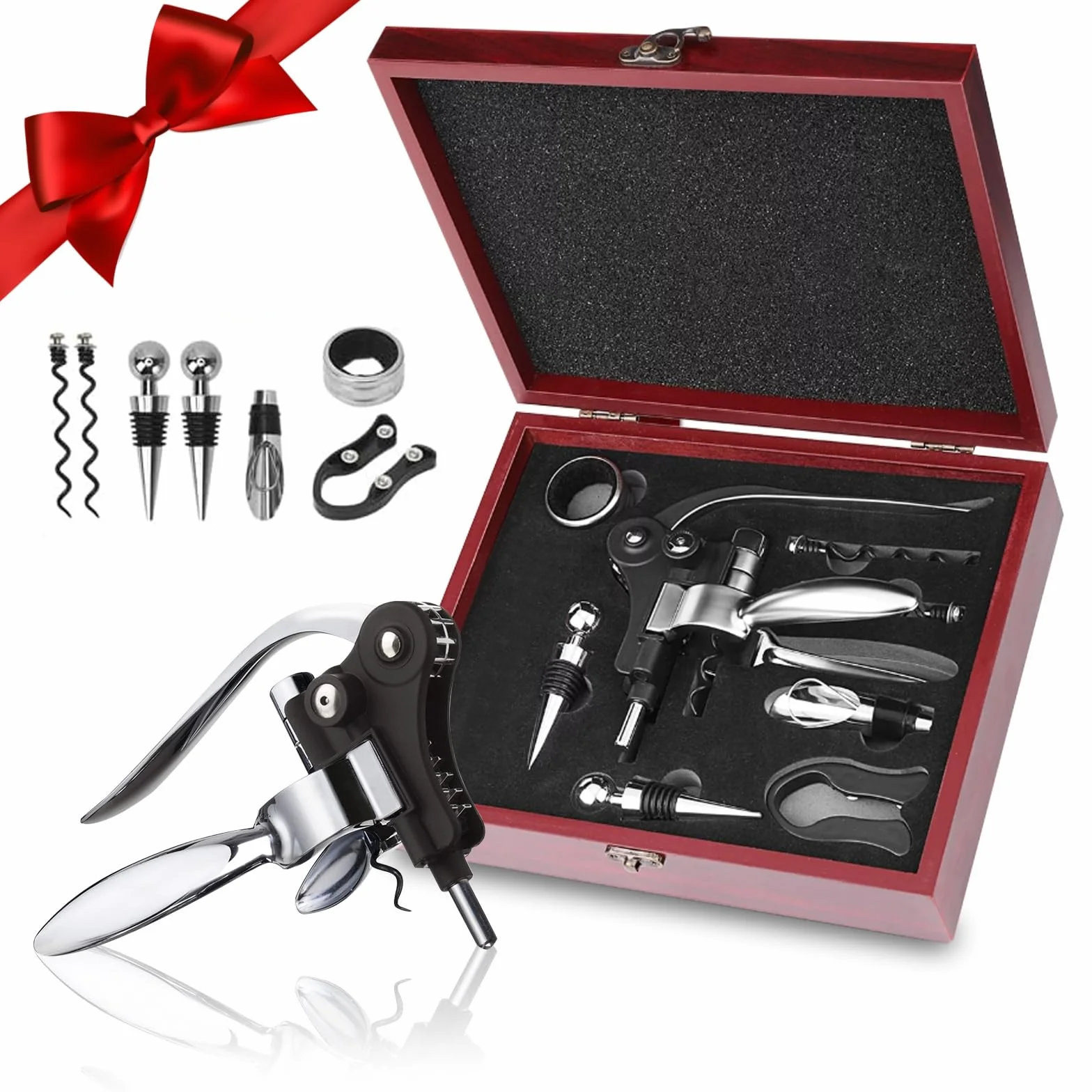 Set Sacacorchos Manual 8 Piezas, Juego Abridor Botellas, Caja Madera Regalo Decantador