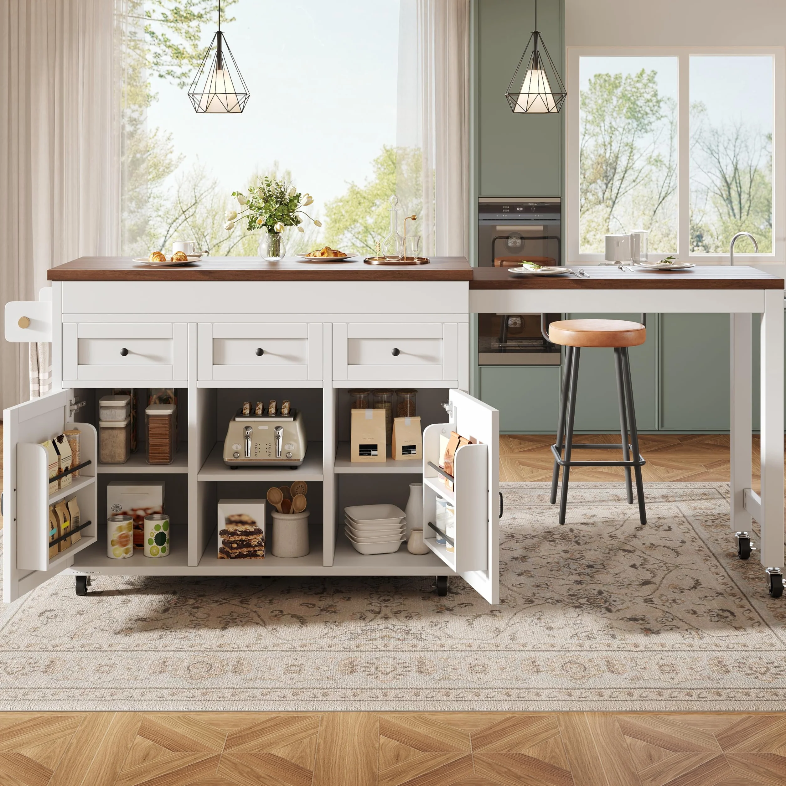 Isla de cocina independiente con encimera, mesa de comedor extensible a 360°, 2 puertas y 3 cajones, carro de cocina móvil, para cocina, comedor, 131,5-210 x 40 x 90 cm