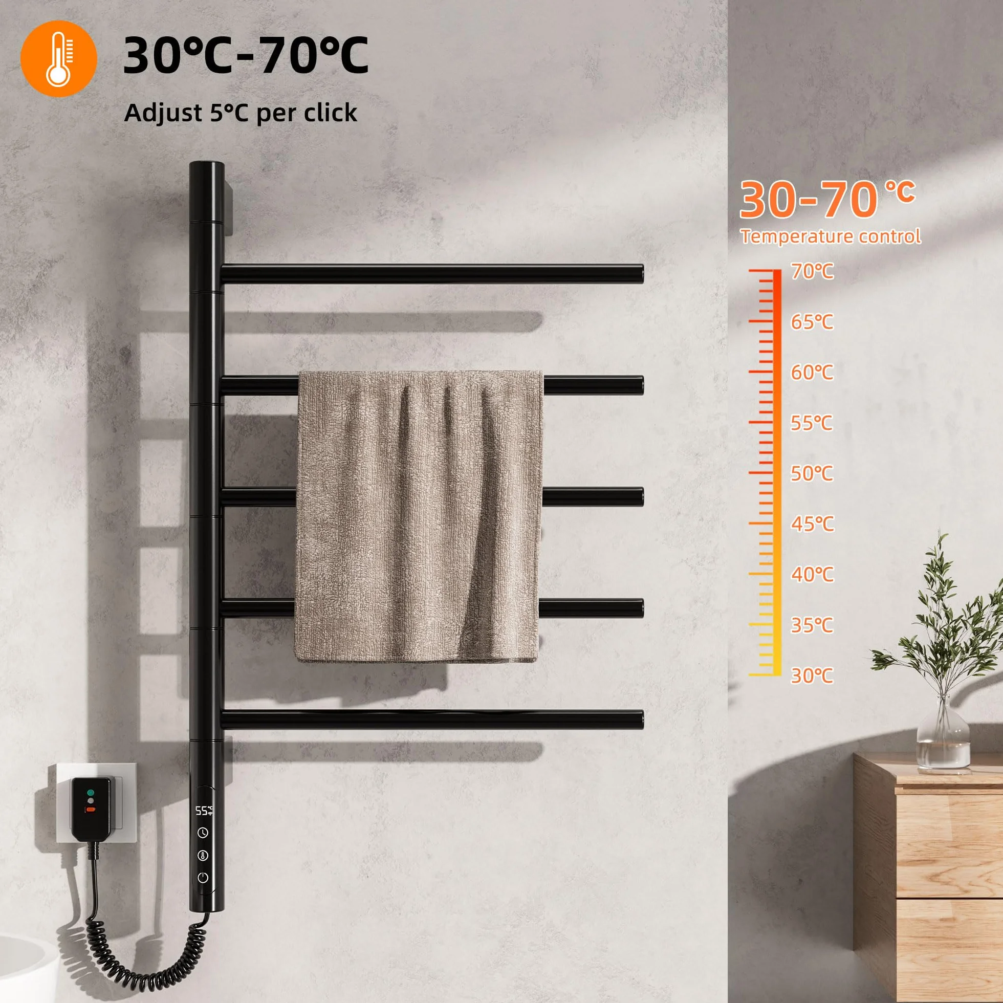 Radiador Toallero Eléctrico para Baño, Rotación de 180° Secatoallas eléctrico, 415 x 680mm, 85W, WiFi Negro Toallero Electrico Baño, Calentador Toallas, Secatoallas, Ahorro de energía-G63 WiFi Black