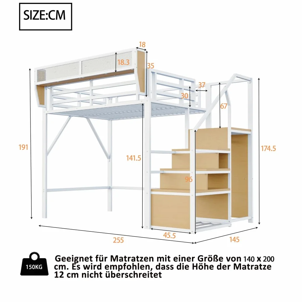 Cama alta de 140 x 200 cm con estructura de metal, cama de matrimonio de 140 x 200 cm con escalera de seguridad y compartimento contenedor flexible, cama para niños, sin colchón, color blanco