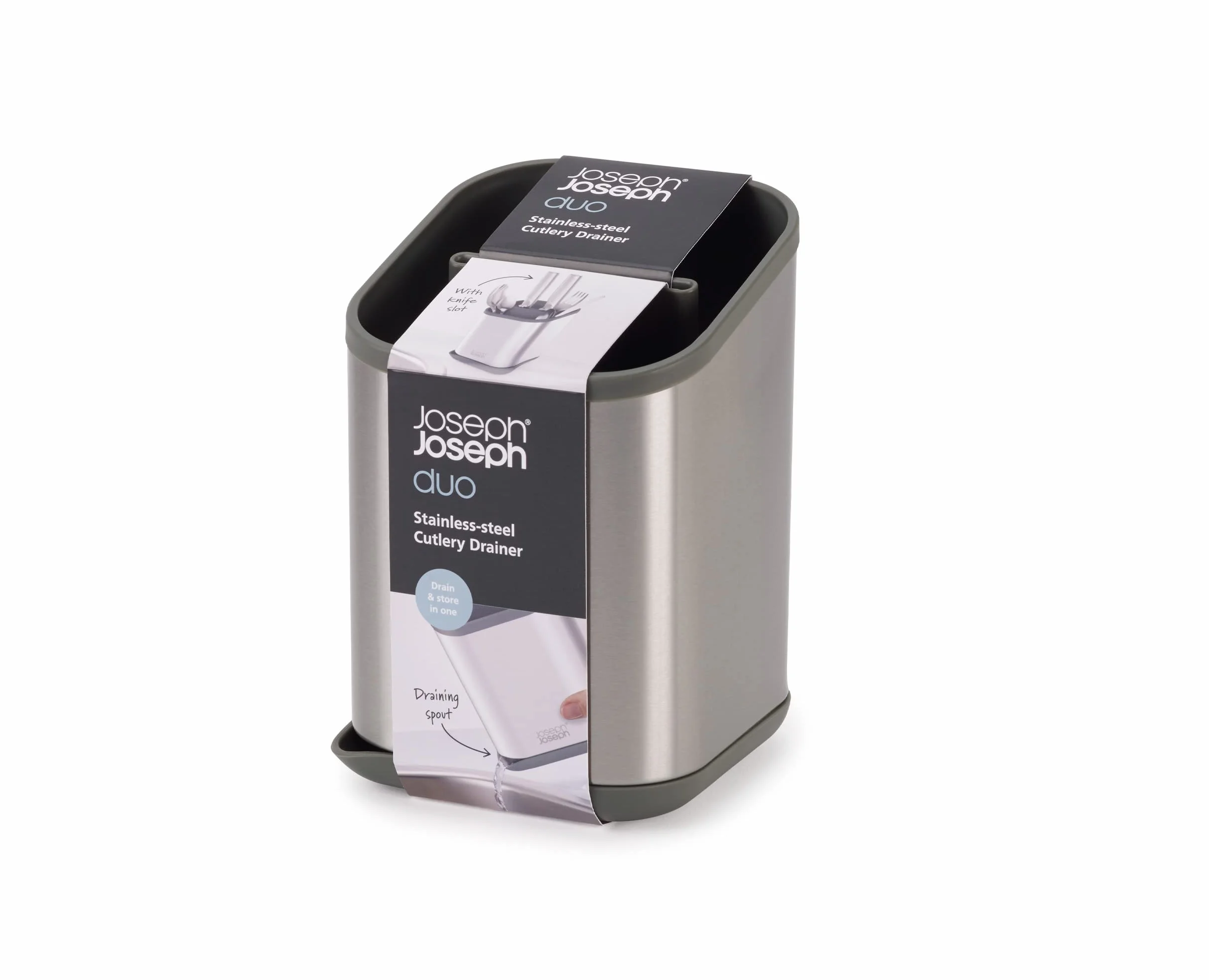 Joseph Joseph Duo Escurridor de Cubiertos para Fregadero con Ranura para Cuchillos, Organizador de Cubiertos, Acero Inoxidable