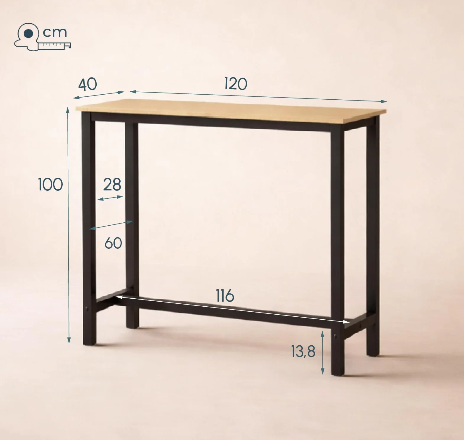 MB Muebles Bonitos | Mesa Alta de Cocina | Estilo Industrial | Modelo Ani | Barra de Cocina Estrecha y Desayunador | Patas de Metal y Melamina Mate | Color Negro | 120x100x40 cm