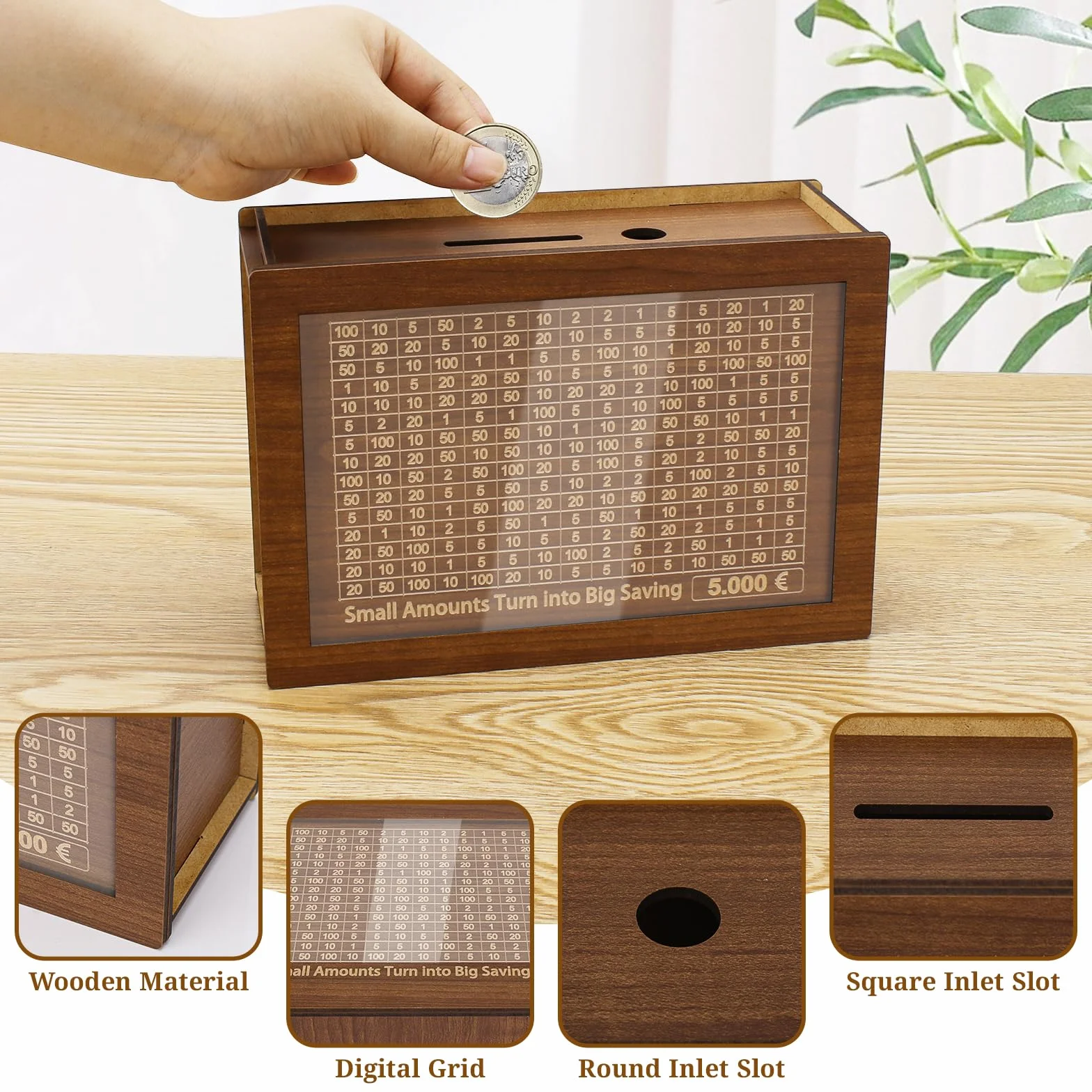 Hucha de Madera con Contador de Ahorro Reutilizable 500-10000€ Alyvisun