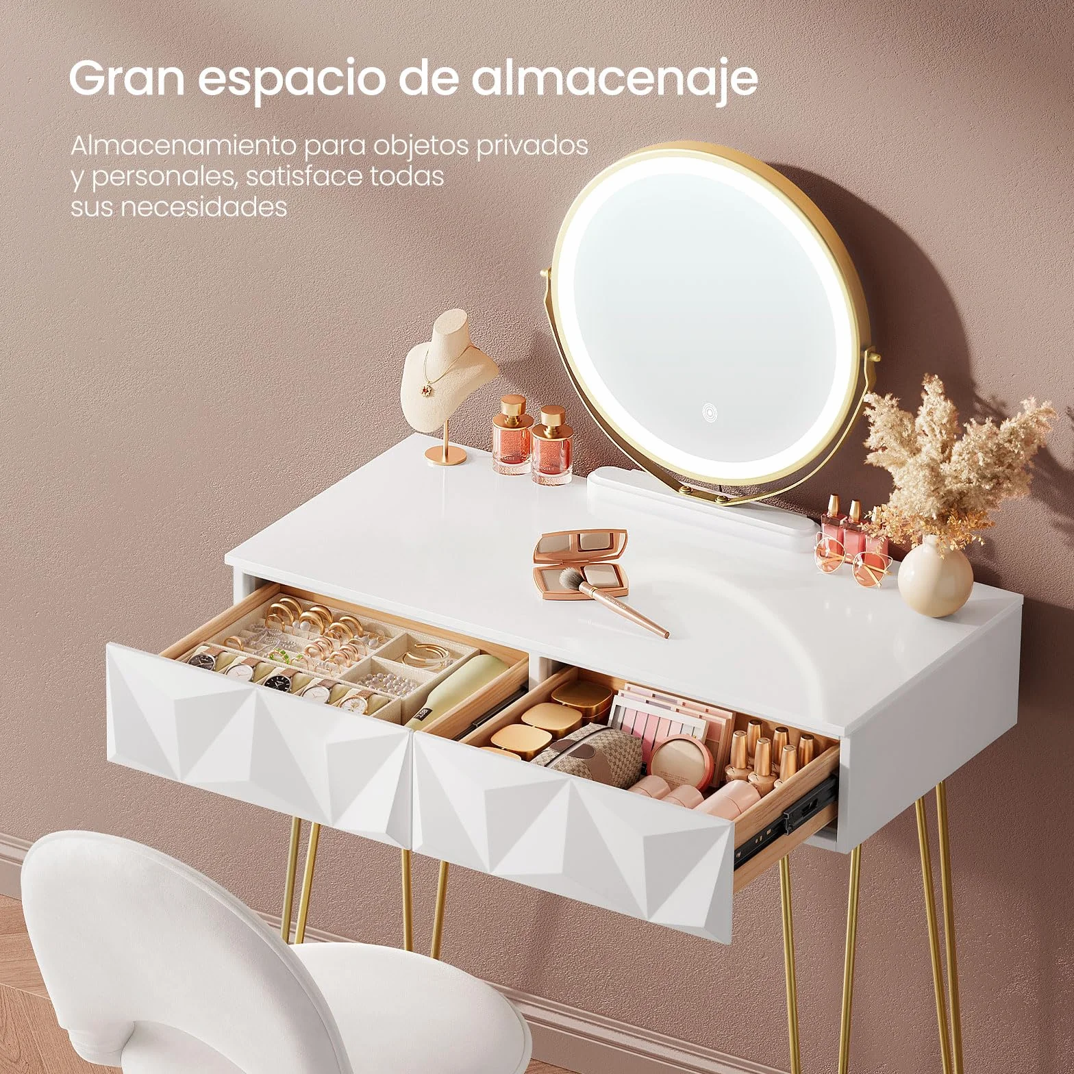 EUGAD Tocador de Maquillaje con Luz y Taburete, Conjunto de Tocador con Espejo con Silla Terciopelo, con 2 Cajones, Blanco + Dorado, 0056SZT