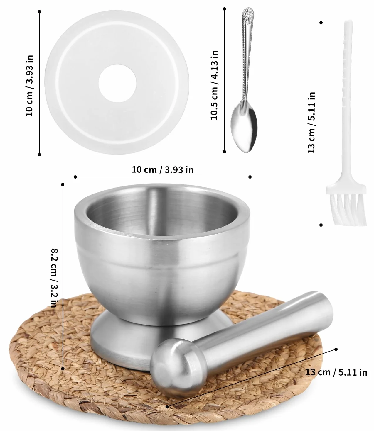 Mortero de Cocina de Acero Inoxidable Con Cuchara y Tapa de Silicona - Molinillo de Especias de Primera Calidad, Trituradora y Tazón de Hierbas - Perfecto Para Moler, Mezclar y Almacenar