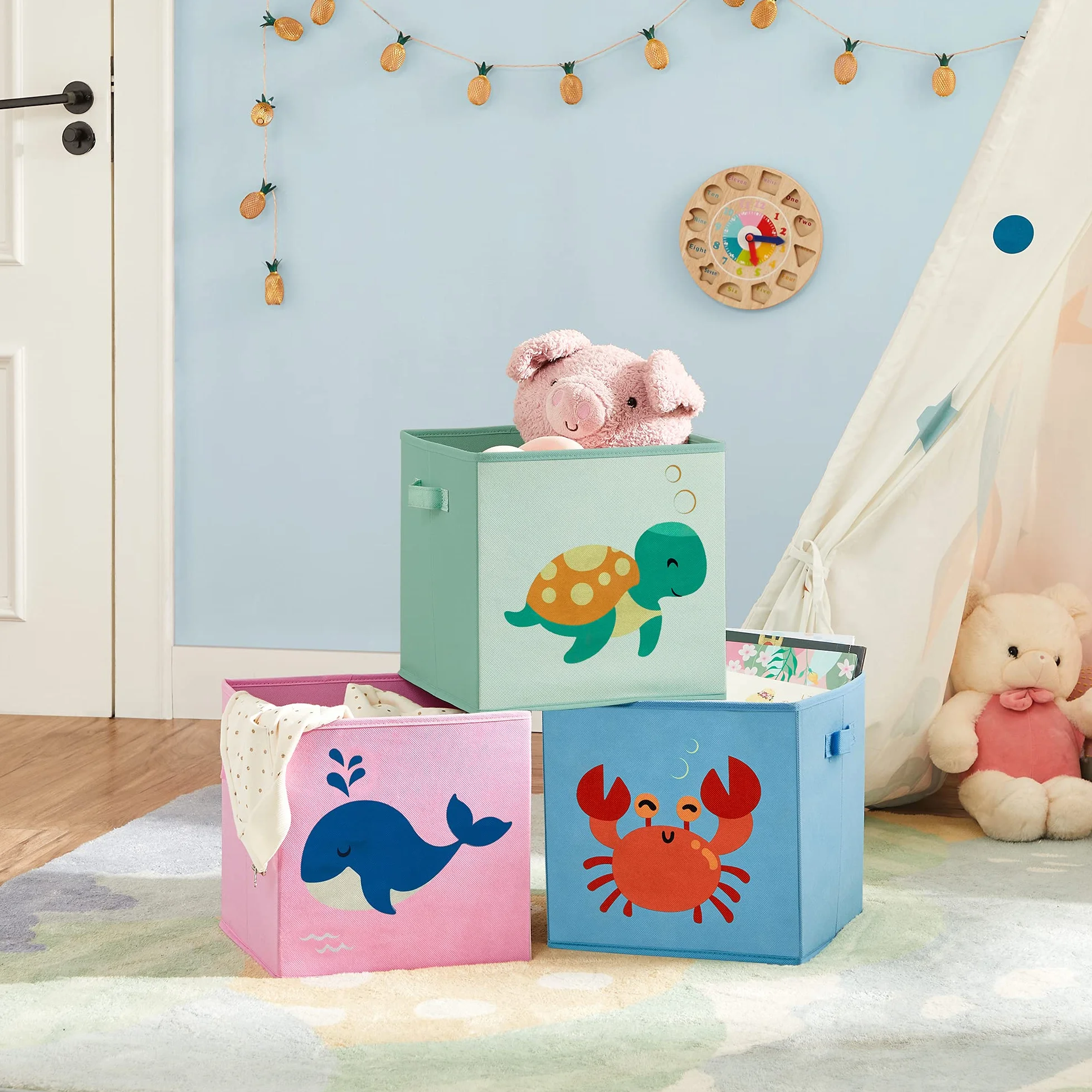 SONGMICS Caja organizadora de tela para juguetes, juego de 3, plegable con asas, 30x30x30 cm, azul verde rosa