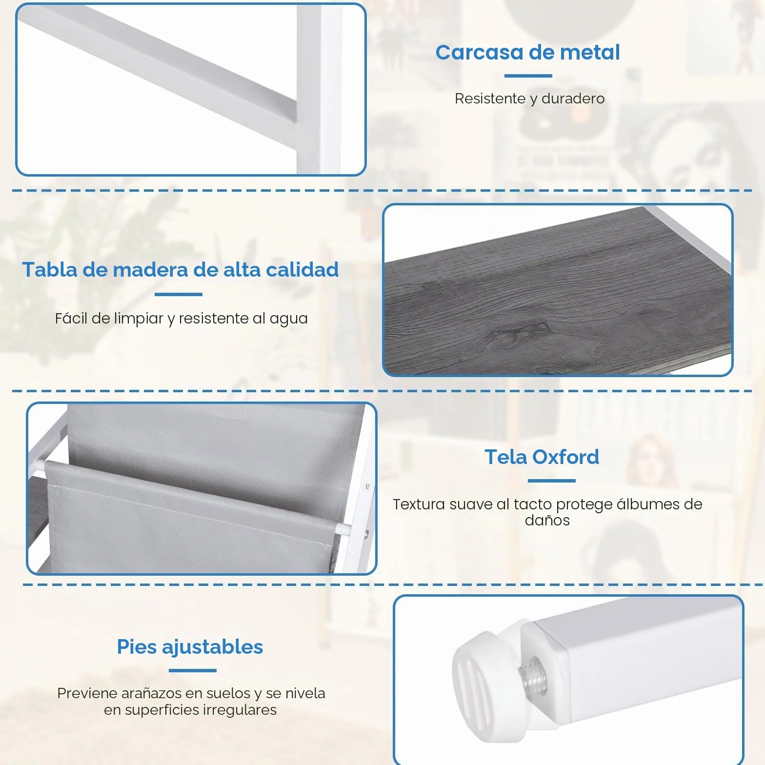 Mueble Tocadiscos con Soporte Vinilos de 3 Niveles, Mesa Reproductor Vinilo, Gris y Blanco