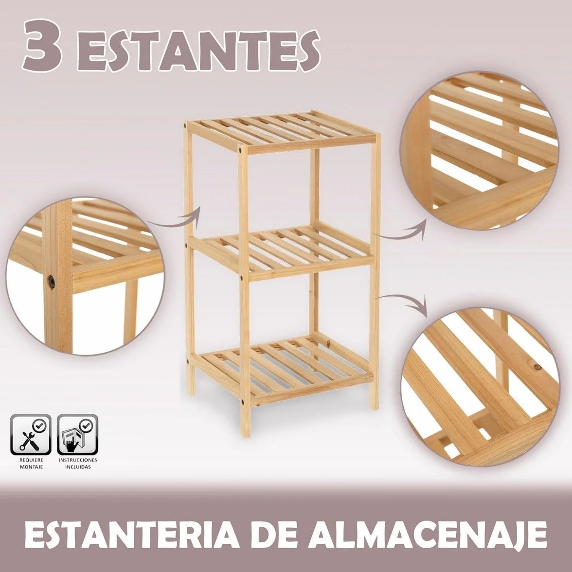 Estantería de Madera de Abeto Natural 3 Estantes 35x30x70 cm Decorativa Rústico Moderna