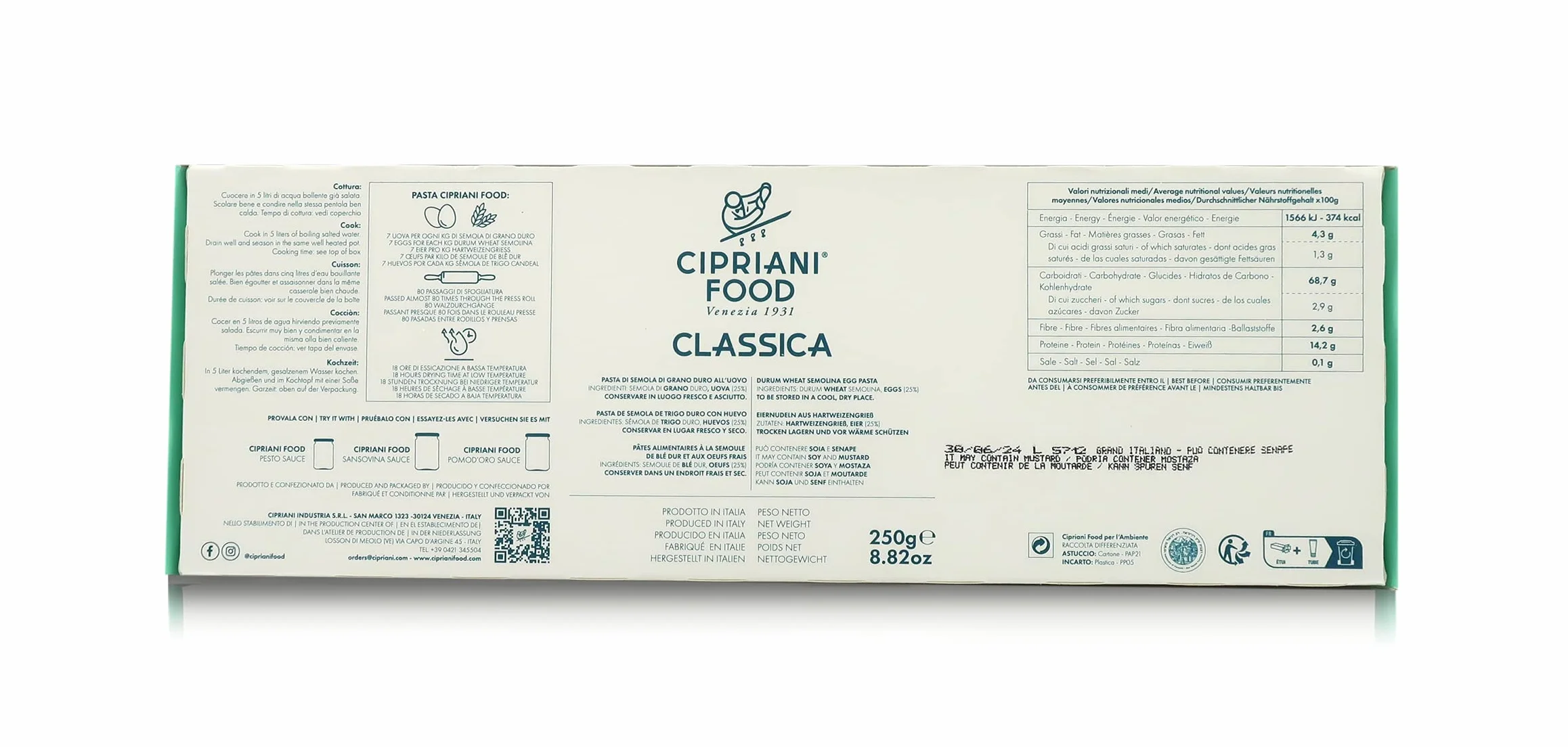 Cipriani Tagliarelle Pasta Italiana de Sémola de Trigo Duro al Huevo Extrafina 250g
