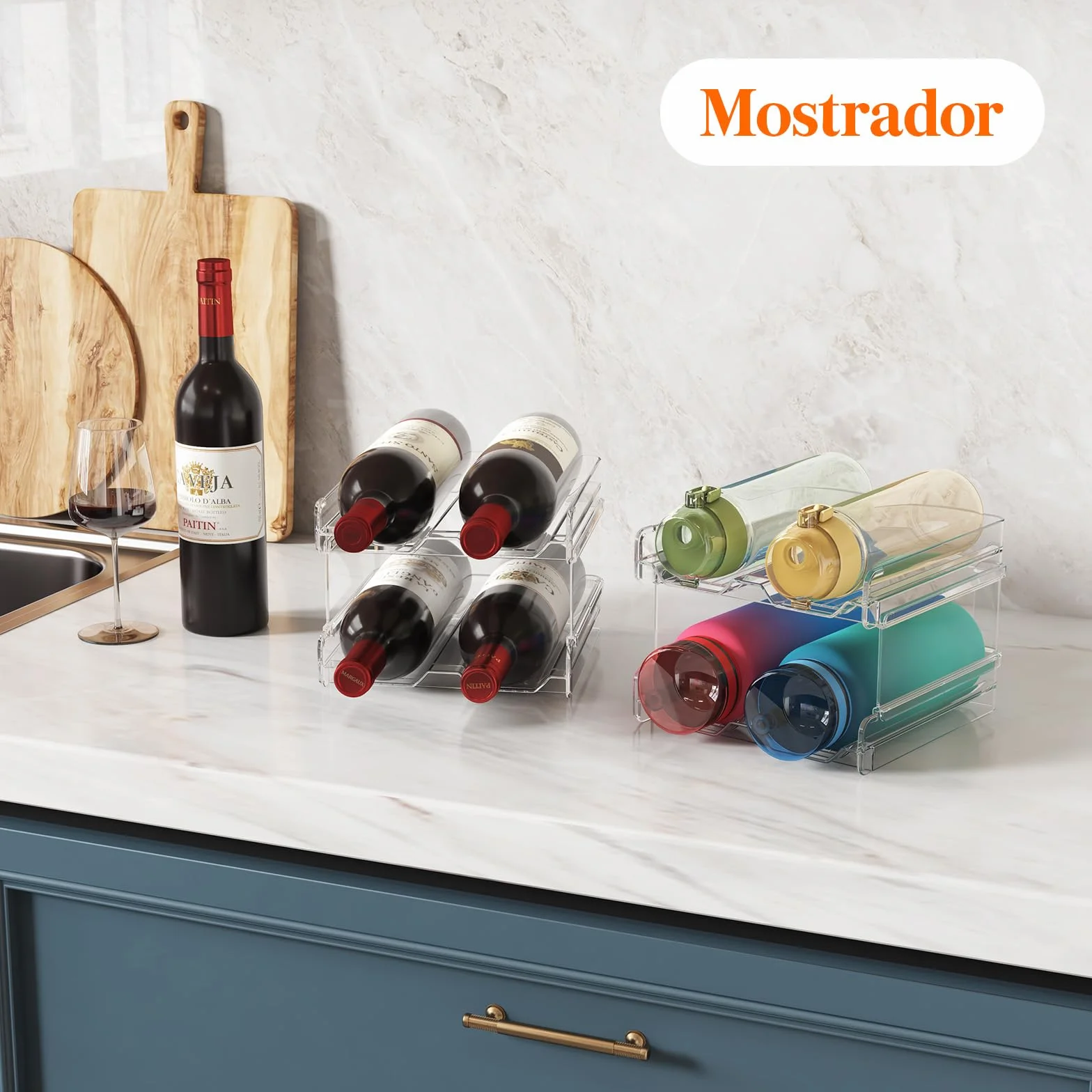 Lifewit Botellero apilable de plástico para Nevera, Armario, encimera, Soporte para Botellas de Vino, Organizador de Botellas de Agua para Nevera, despensa, Capacidad para 4 Botellas,Transparente