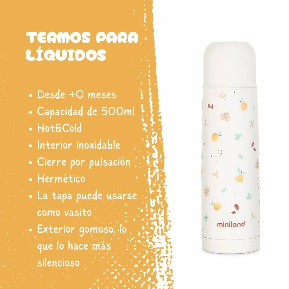 Miniland Termo Bebé para Líquidos 500ml de Acero Inoxidable, Mantiene Temperatura más de 12h Frío y Calor, Cierre Hermético y Sistema Antigoteo | Valencia