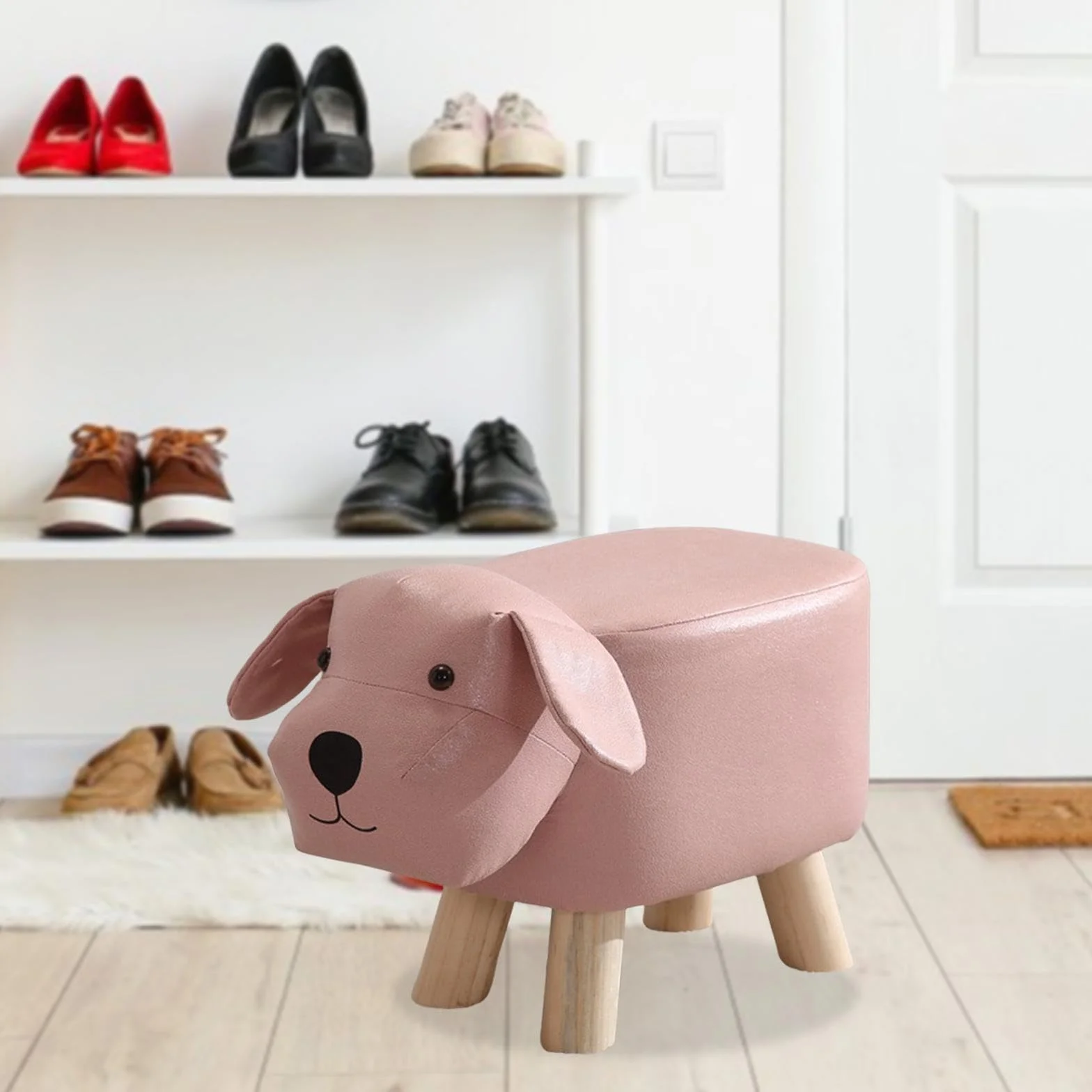 Puf Decorativo Infantil Perro Rosa para Sala de Juegos, Taburete Niños