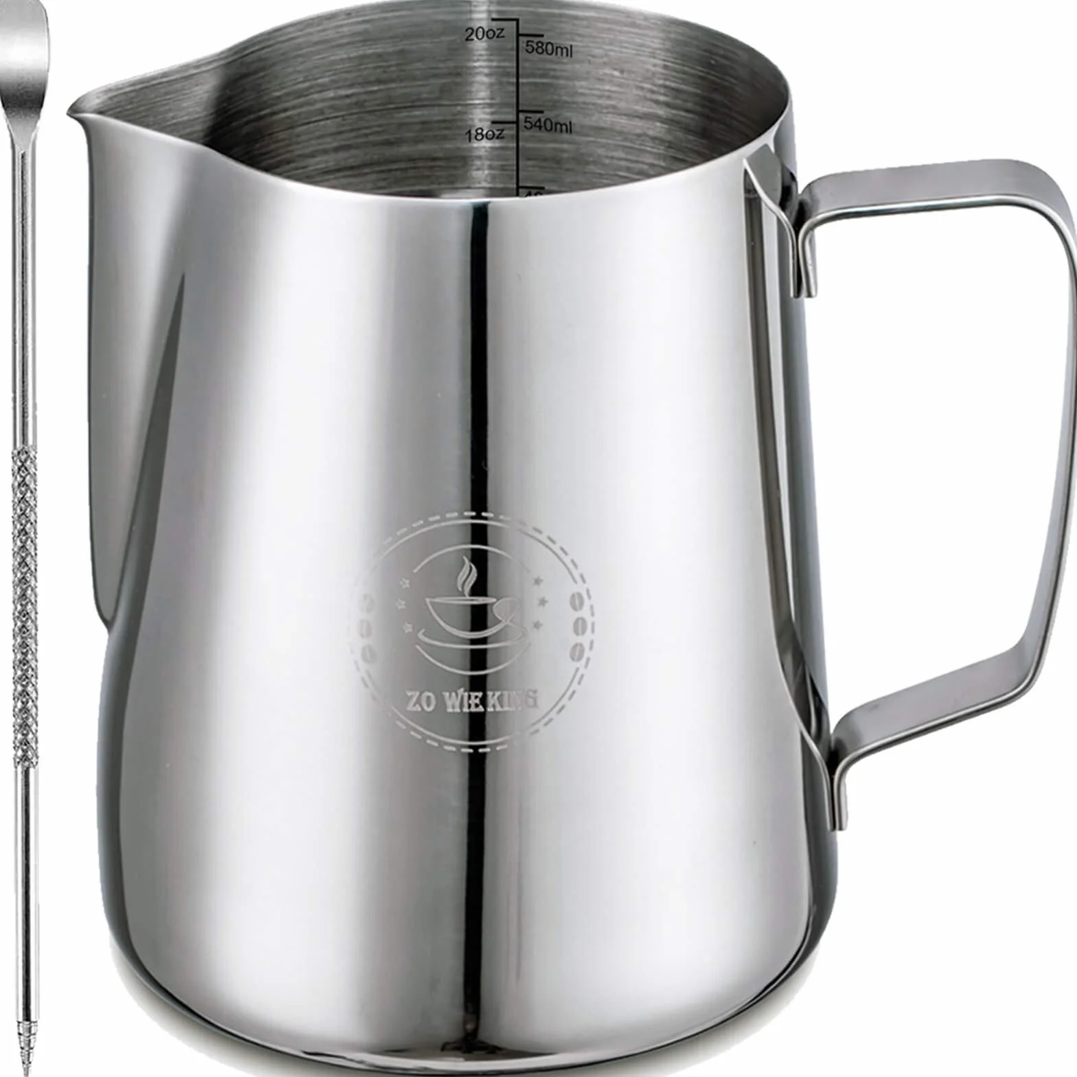 Jarra de espuma de leche de 580 ml, herramienta de café con bolígrafo de arte latte, jarra de acero inoxidable para vaporizador, jarra de leche espumosa, taza de medida para café expreso capuchino