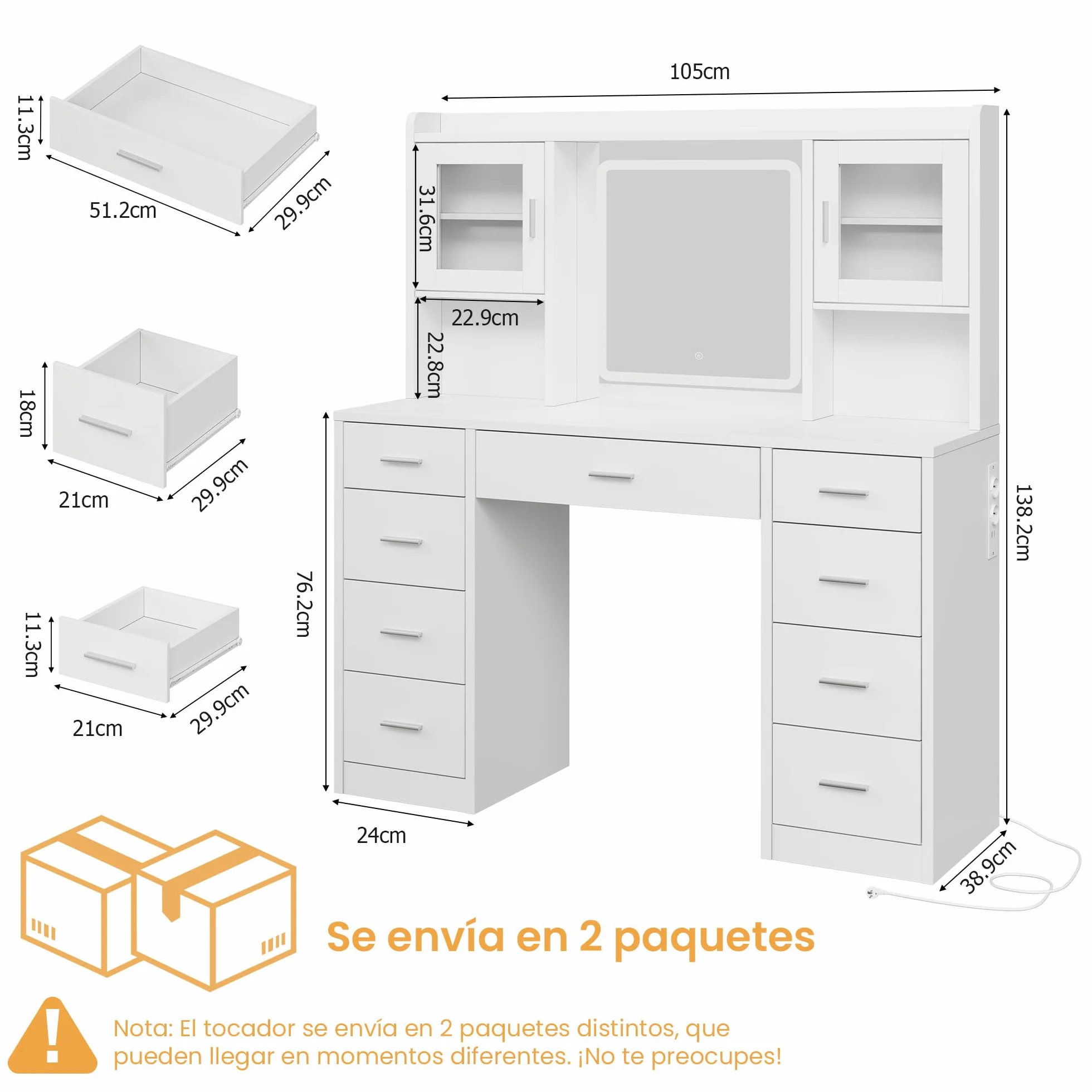 Tocador de Maquillaje con Luces LED Regulables, Mesa con Espejo, 2 Armarios Puertas Cristal, Blanco, 9 Cajones