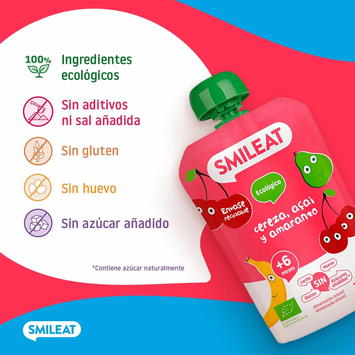 Smileat Pouch de Frutas Ecológicas Sin Sal ni Azúcar Añadido Sin Gluten Snack Práctico para Peques Sabor a Cereza Açai y Amaranto