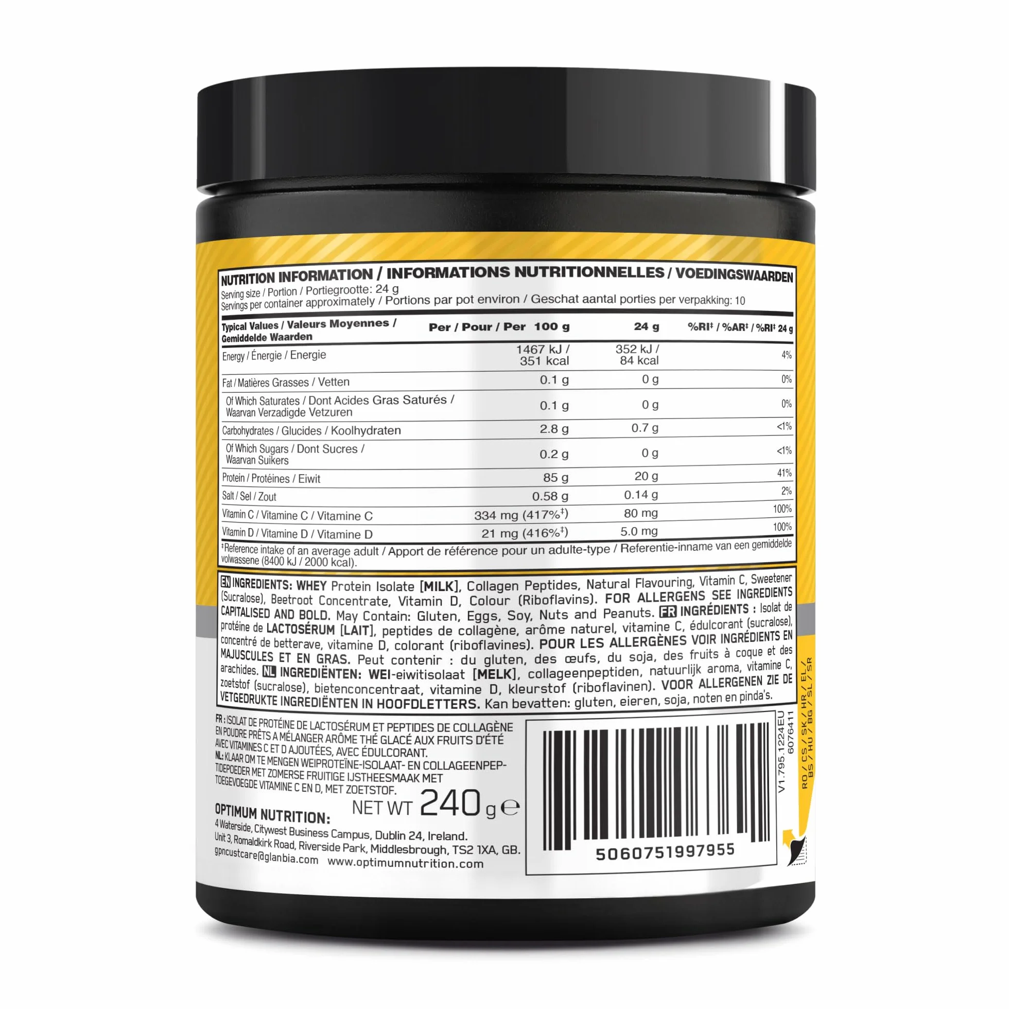 Optimum Nutrition Clear Whey + Colágeno, Té Helado Frutas de Verano, 240 g, 10 Porciones