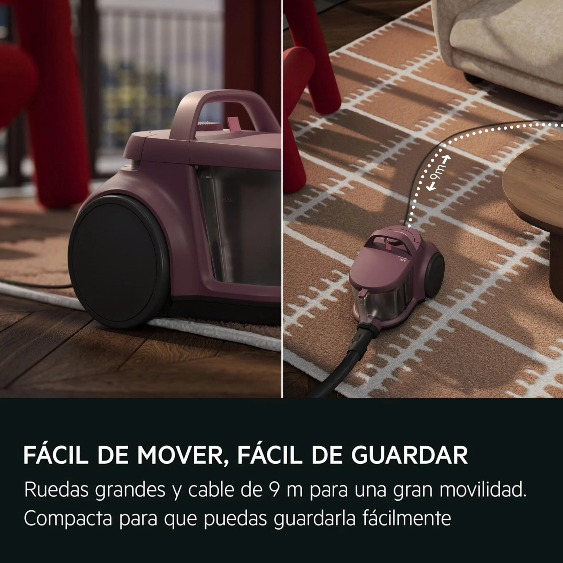 AEG Aspiradora de Trineo Sin Bolsa AL51C1DRF, 1000W, Filtro Hygiene Lavable, 78dB, Depósito de 2L, Radio de Acción de 9m, Adecuado para Suelos Duros y Alfombras, Rojo