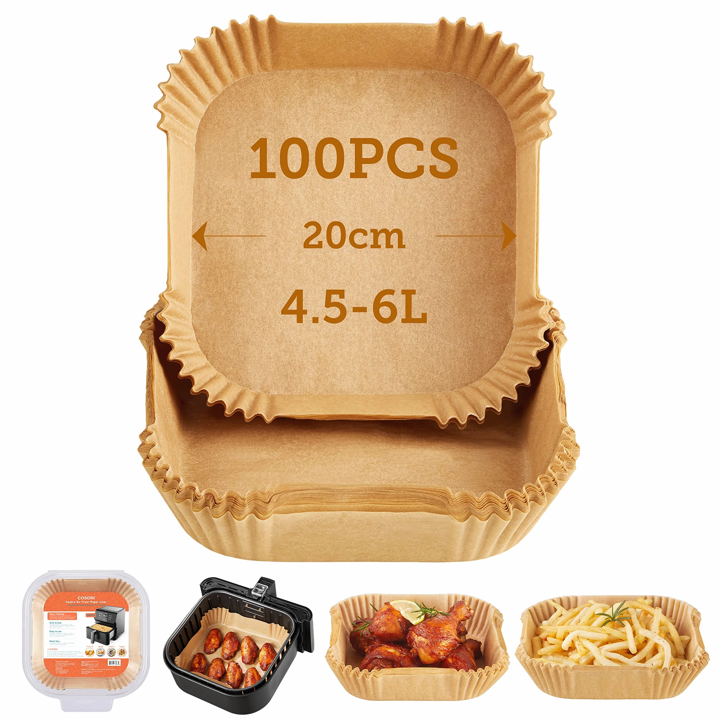 Cosori Papel Horno Freidora sin Aceite 100 Piezas Cuadrado Desechable Antiadherentes Prueba Grasa Air Fryer 4,5-6 L Horno Sartén Microonda 20 cm