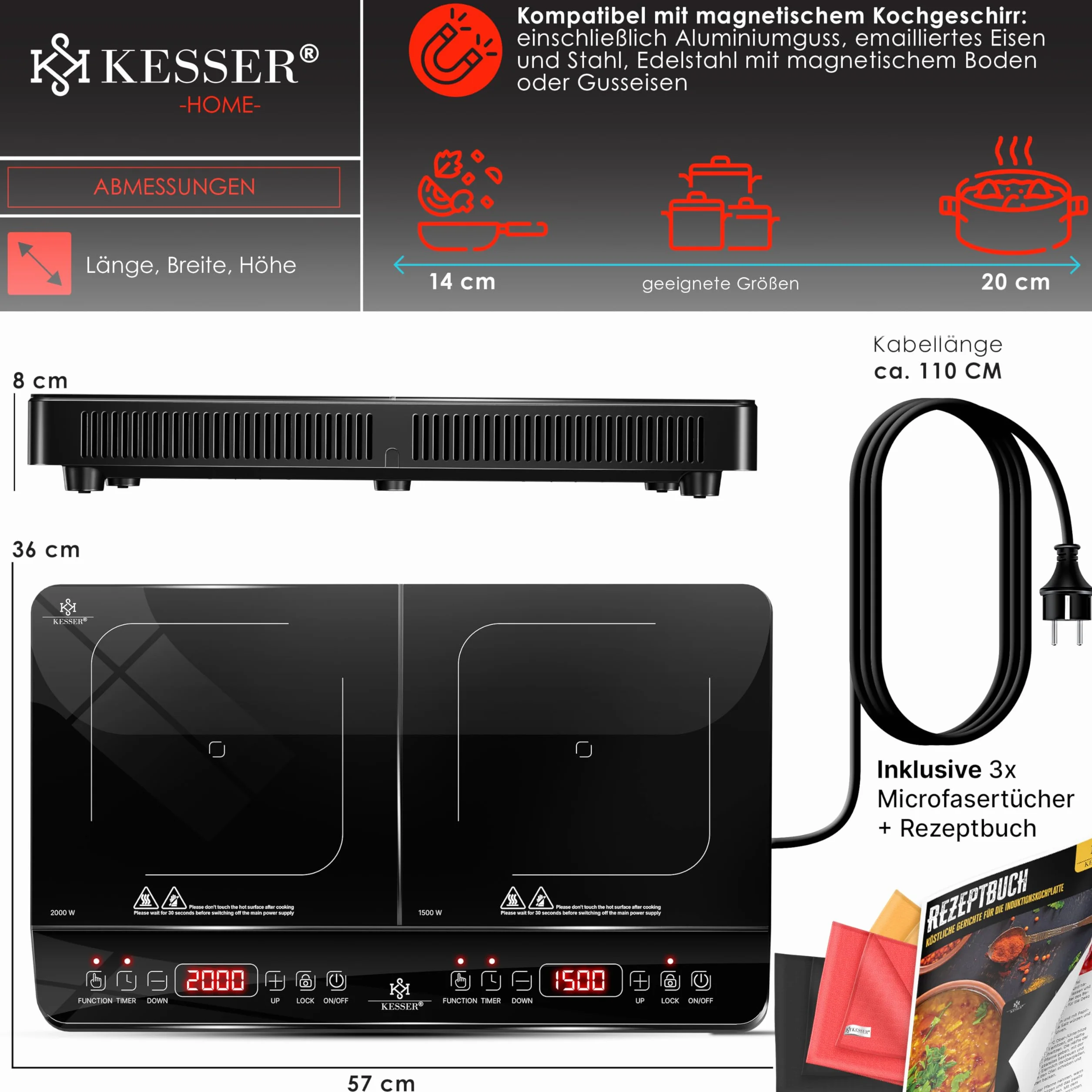 KESSER® Placa de inducción 2 placa 3500W Placa portátil de 57cm + 3 paños de microfibra + 1x libro de recetas, 8 ajustes de calor, temporizador, control táctil, función booster