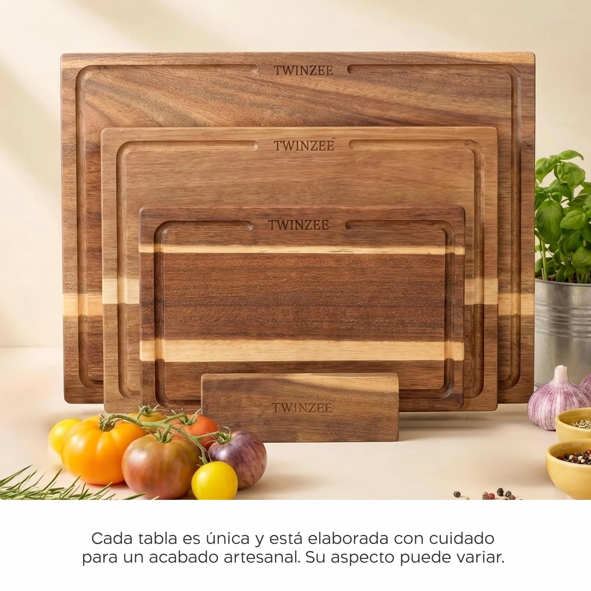 Twinzee Juego de 3 Tablas de Cortar Maciza de Acacia con Soporte, Canal para Jugos, 40x30/33x24/26x18 cm, 2cm Grosor