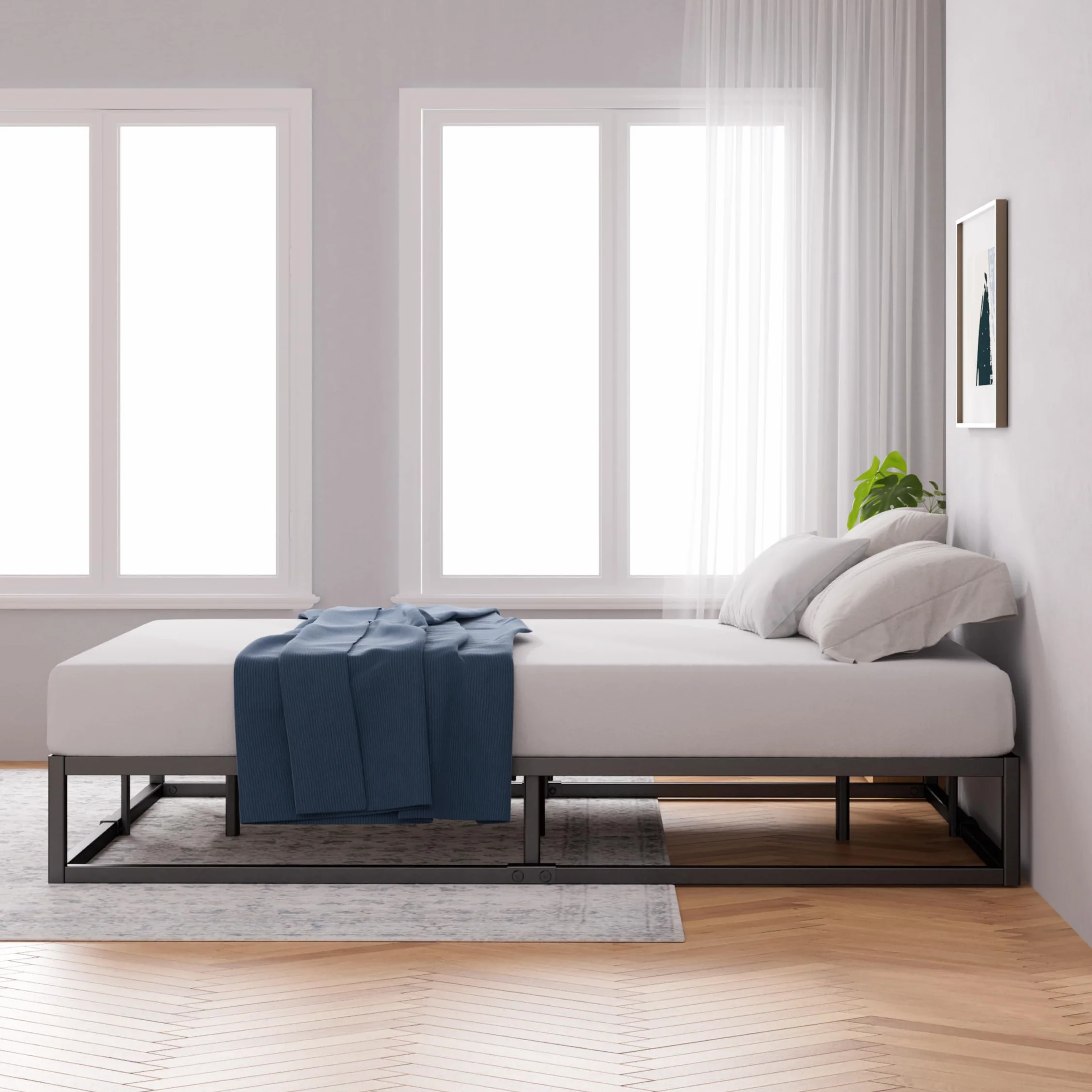 Zinus Joseph Somier 135x190 cm - Altura 25 cm - Base Cama Matrimonio en Acero - Láminas de Madera - Montaje Fácil- Espacio de Almacenamiento - Negro