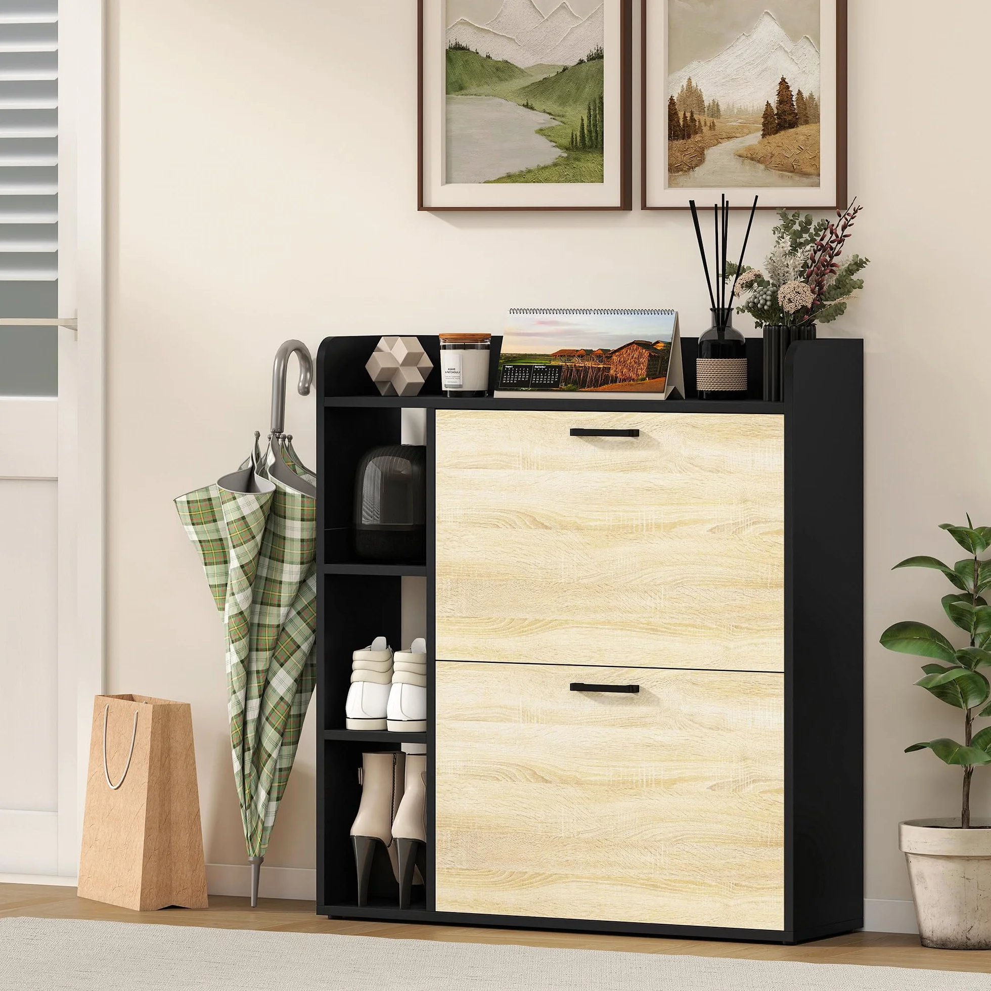 HOMCOM Zapatero Estrecho 2 Puertas, Zapatero Entrada Recibidor con 3 Estantes Laterales y Estantes Ajustables, para 15 Pares de Zapatos, para Pasillo, Espacio Reducido, 83x24x90,5 cm, Natural y Negro