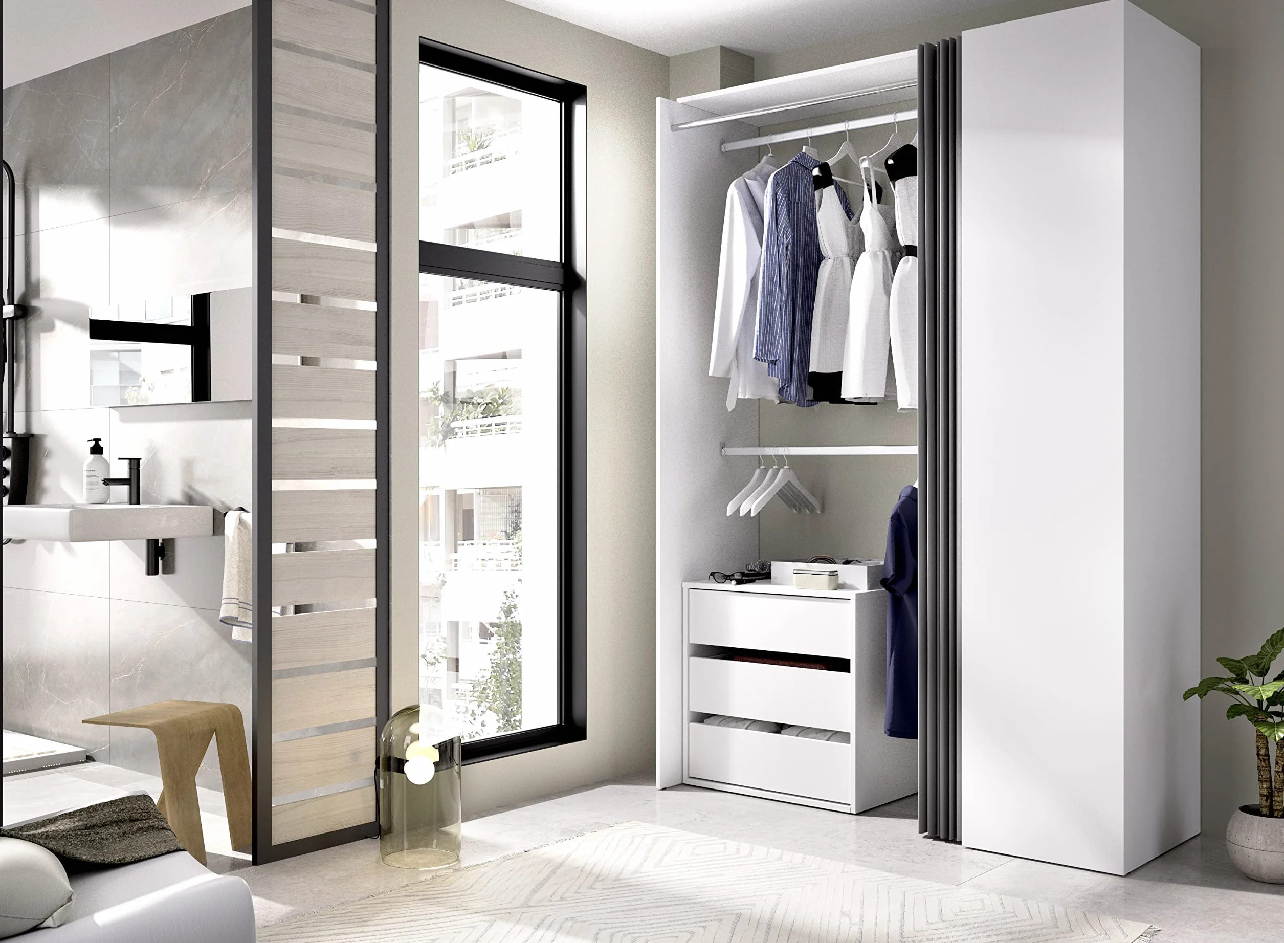 DEKIT GRUPO RIMOBEL Suit Kit Vestidor, Madera de ingeniería, Blanco, 205x139,3x52 cm