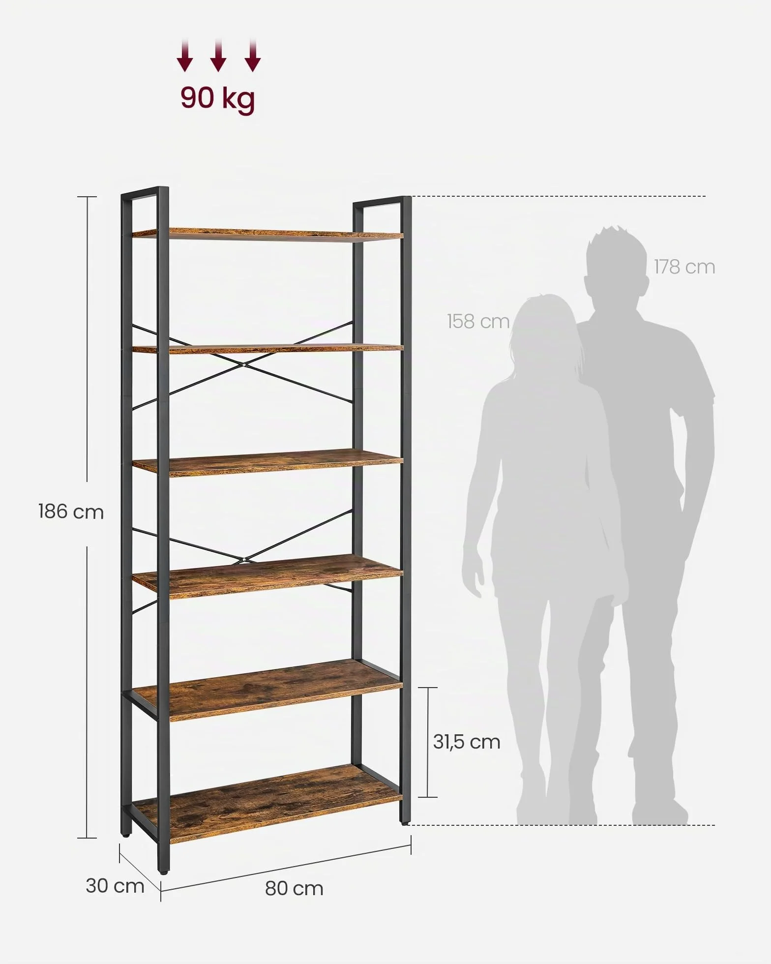 VASAGLE Estantería 6 Niveles Librería Marco Acero 30x80x186 cm Marrón Rústico Negro