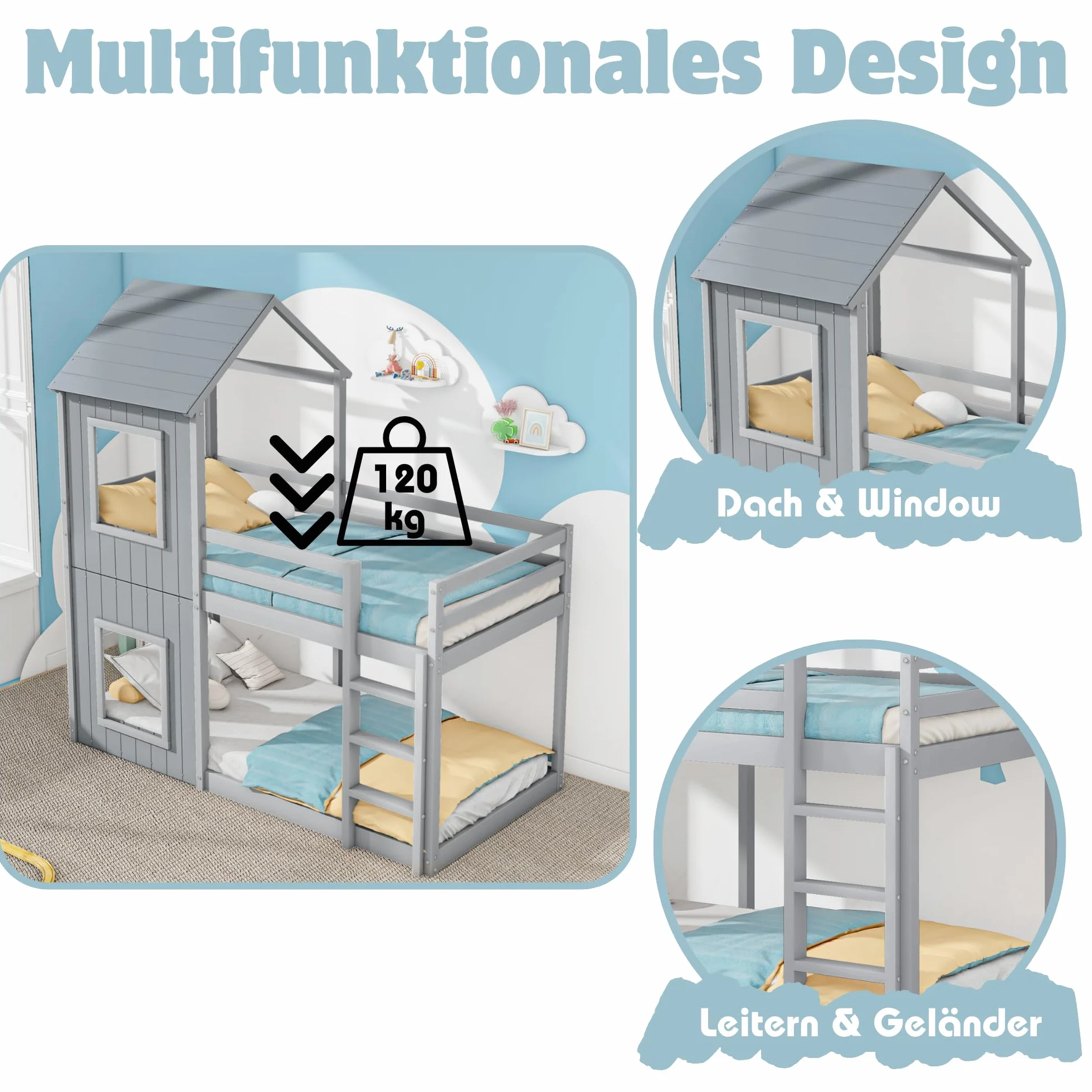 Idemon 90 x 200 cm litera, cuna, cama de casa para niñas y niños, con escalera y dosel, profundidad del suelo, madera maciza (gris)
