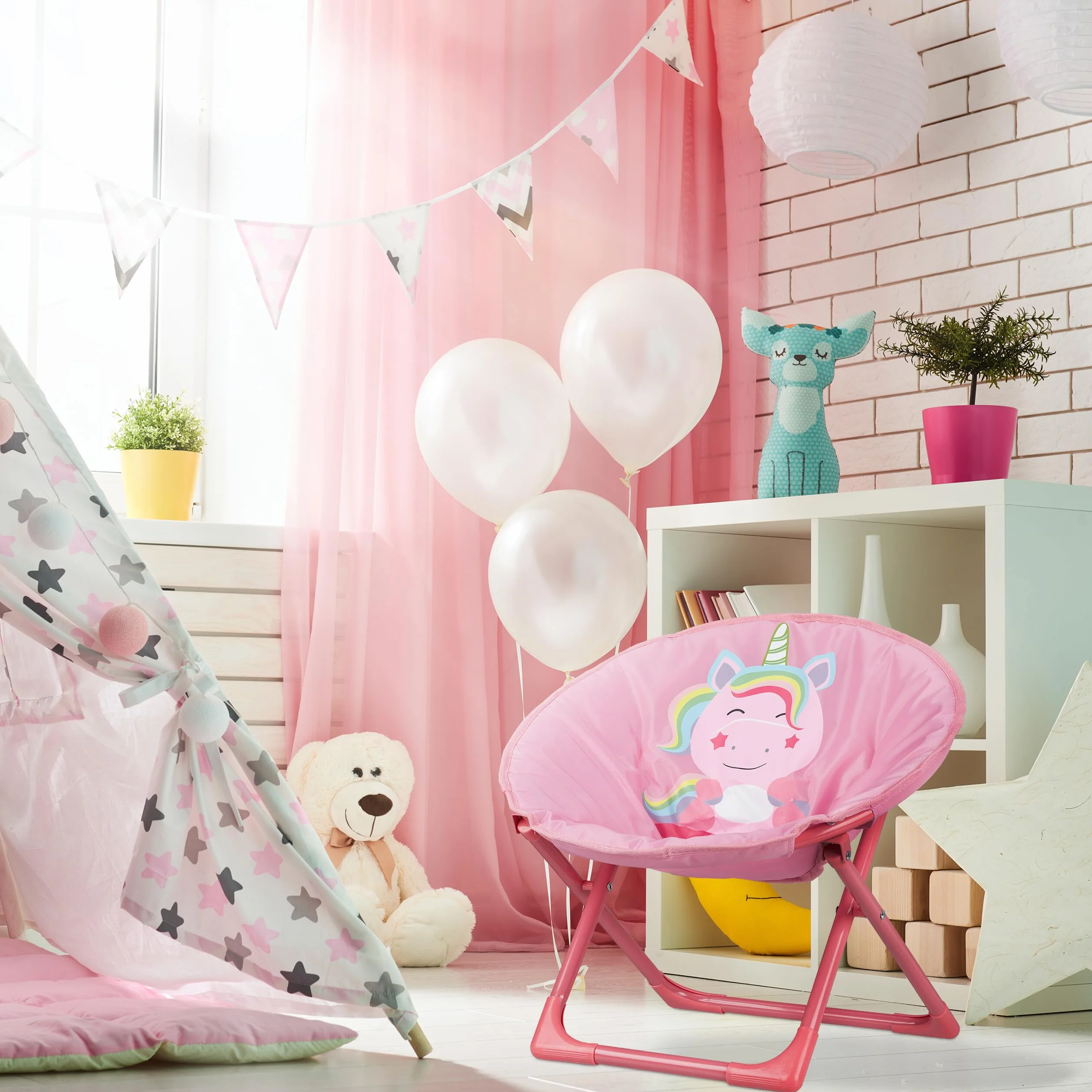 Relaxdays Silla de Acampada Infantil Unicornio Plegable Rosa