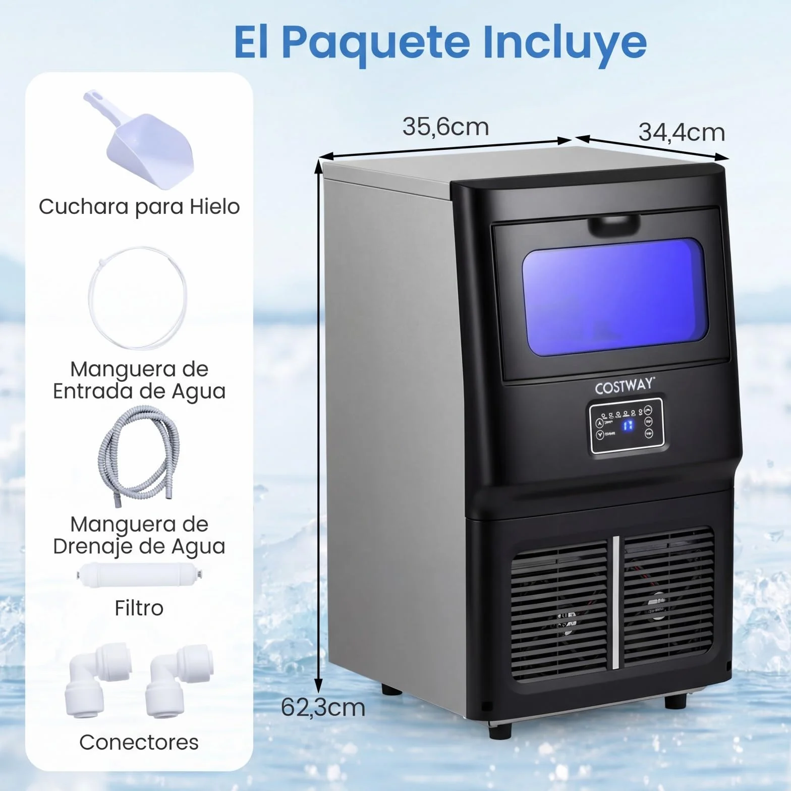 COSTWAY Maquina de Hielo Comercial, 25-30 kg/24H, 24 Cubos en 15-17 Minutos, Maquina de Hacer Hielo, Ice Maker de Acero Inoxidable con Autolimpieza, 34,4 x 35,6 x 62,3 cm