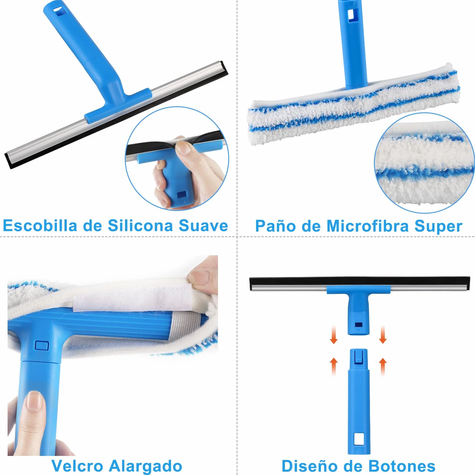 Mitclear Limpiacristales con Mango Extensible 146cm, Kit Limpiacristales Profesional con Escobilla de Silicona y Paños de Microfibra
