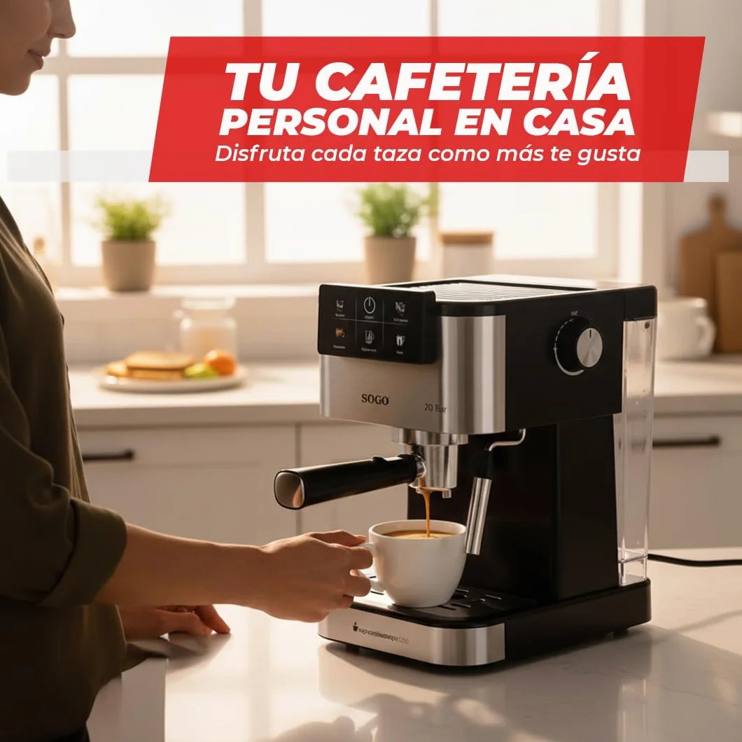 SOGO Máquina de Café Espresso 20 Bar con Pantalla Digital y Vaporizador de Leche – Cafetera para Café Molido y Cápsulas – Cafetera con Espuma Cremosa y Calentamiento Rápido – Limpieza Fácil