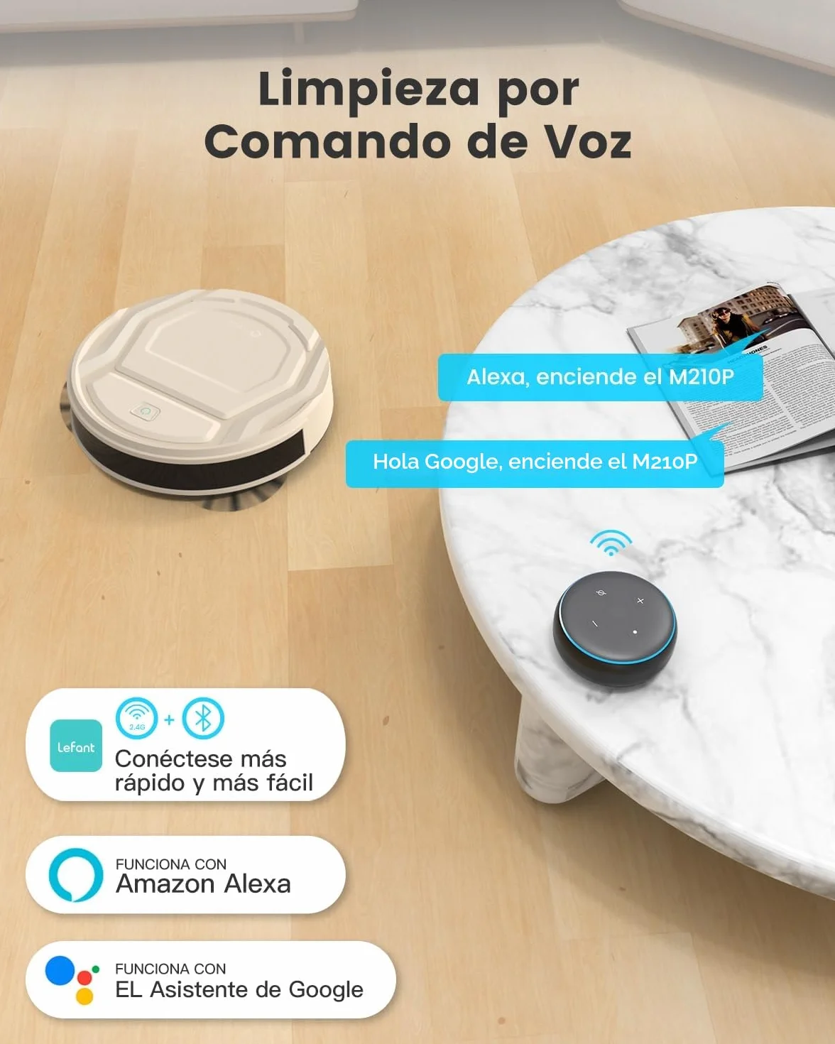 Lefant Robot Aspirador 2200 Pa,120 Min Autonomía, Aspirador Robot 6 Modos de Limpieza, Evitar Enredos, Delgada, Silenciosa, WiFi/Alexa/App, Ideal para Pelo de Mascotas, Suelo Duro, M210 Pro Champán
