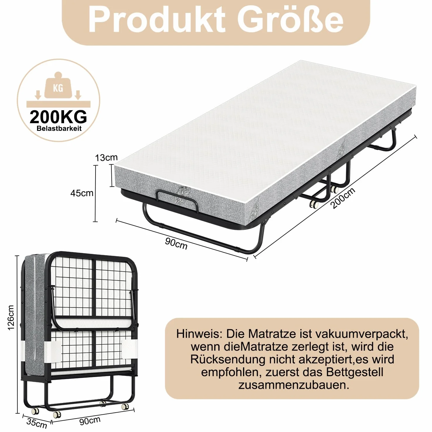 Cama plegable 90x200 cm, cama supletoria, cama plegable con colchón de 13 cm de grosor, 4 ruedas con freno, cama para adultos con capacidad de carga hasta 200 kg, para sala de estar