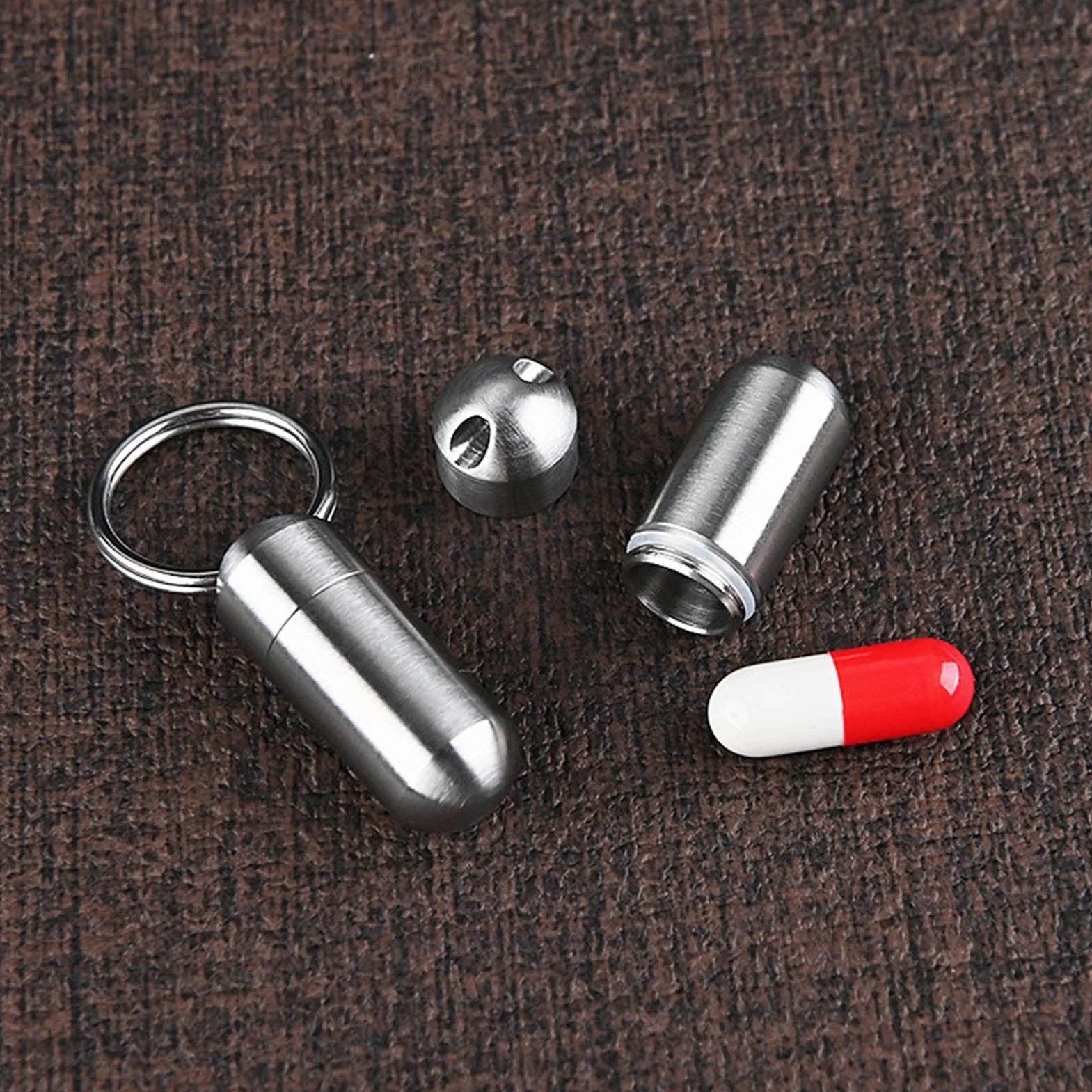 Caja de Pastillas Medicamentos Acero Inoxidable Impermeable con Llavero Portátil