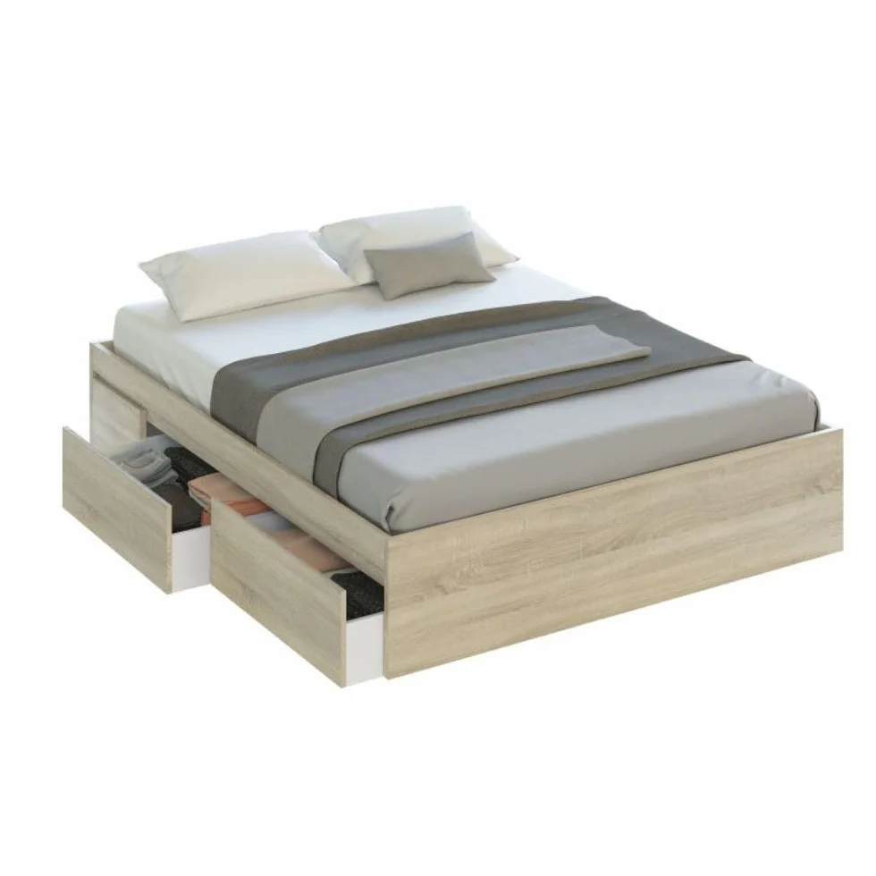 Mobelcenter, Conjunto Dormitorio Matrimonio Oxido, Color Roble Canadian y Oxido, Cabezal para Camas de 135 y 150 cm, 2 Mesitas de 3 cajones, Armario 3 Puertas 3 Cajones y Cama con 4 cajones (P0021)